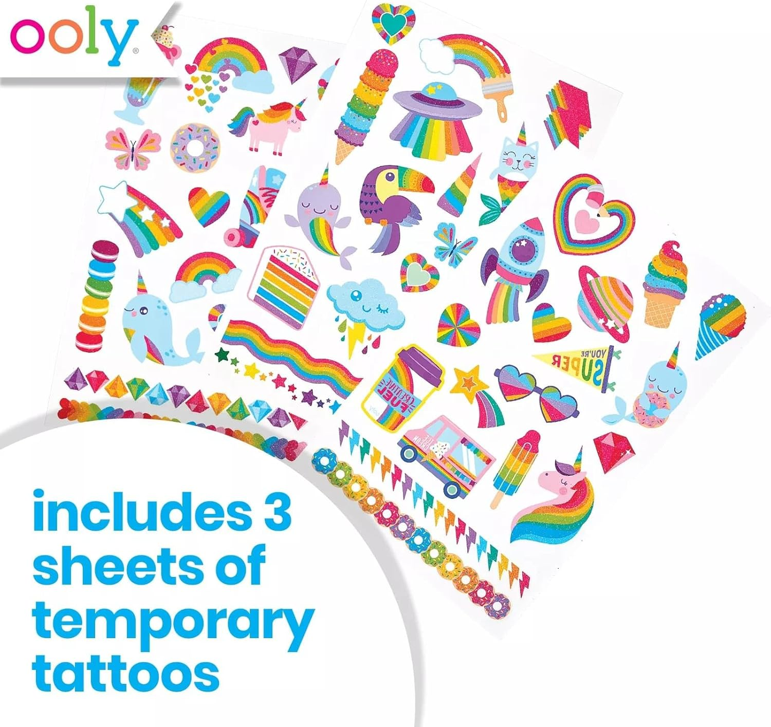 OOLY, Tattoo Palooza Skin-Friendly and Non-Toxic Temporary Tattoo for Kids - over the Rainbow, 3 Sheets image number 5