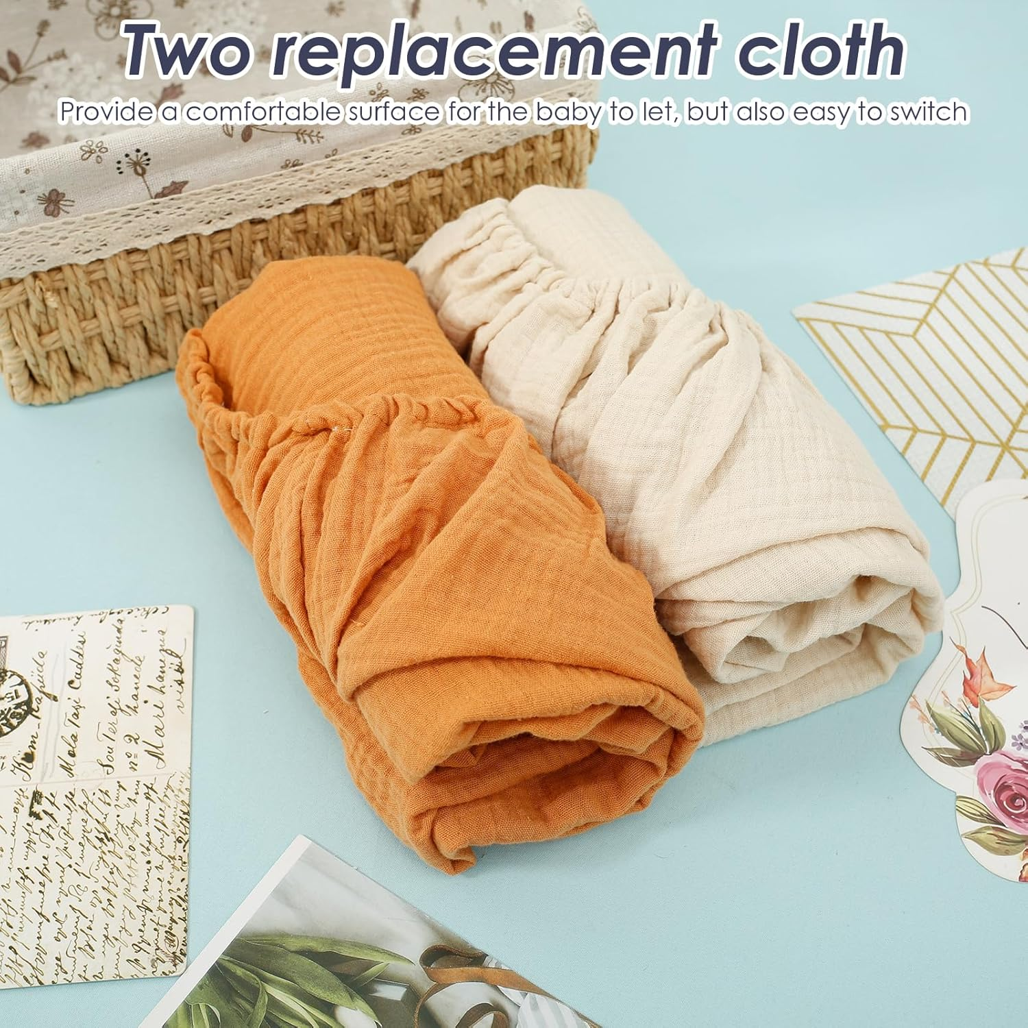 2Pcs Changing Pad Cover, Cotton Diaper Changing Pad Cover with Elasticated Straps, Soft Breathable Changing Pad Sheets Cover, Diaper Changing Pad Cover Suitable for Girls and Boys - Apricot Caramel Color image number 4