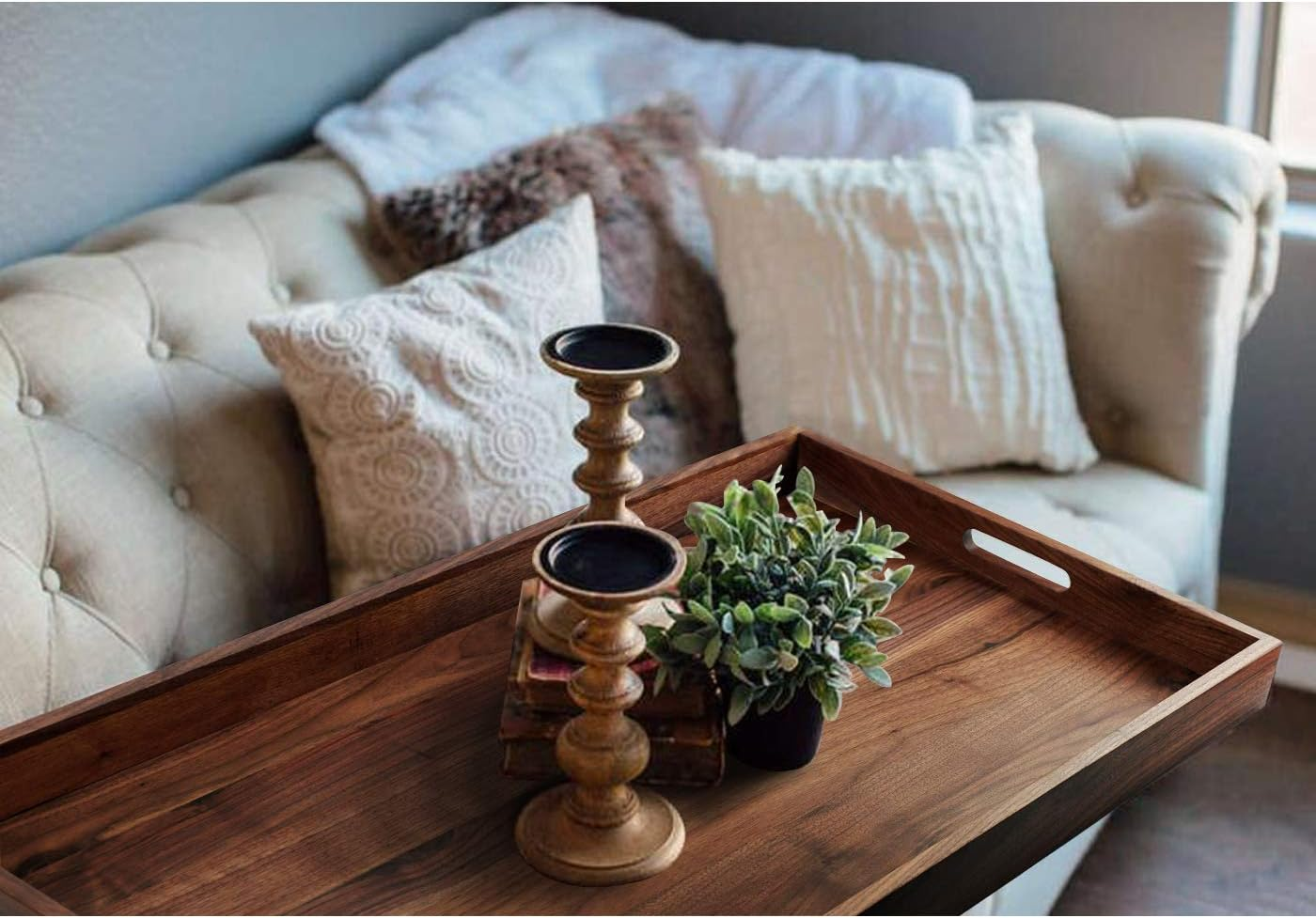 MAGIGO 32 X 18 Inches Extra Large Rectangle Black Walnut Wood Ottoman Tray with Handles, Serve Tea, Coffee Classic Wooden Decorative Serving Tray image number 3