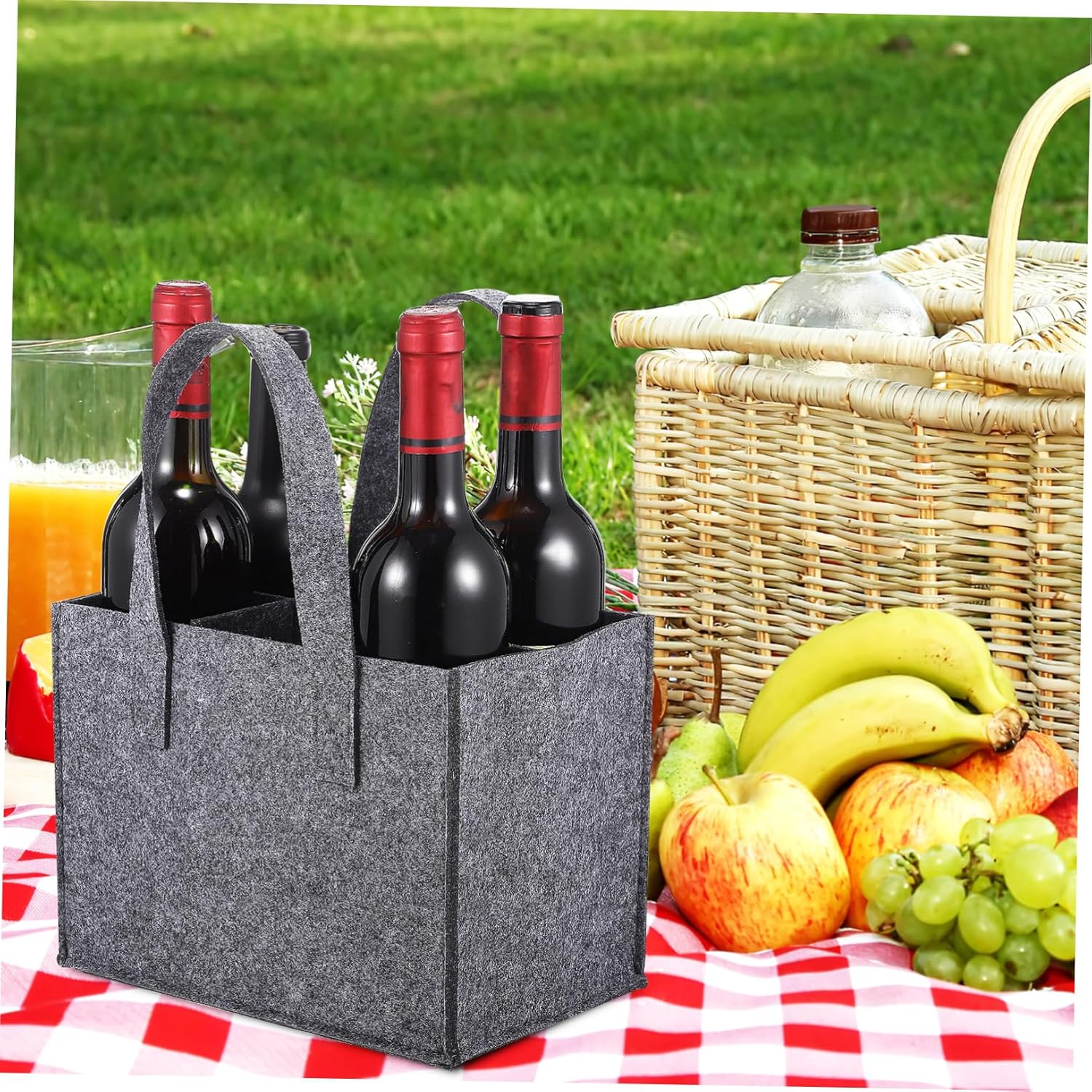 HYTROVE Reusable Felt Wine Tote Bag with Divider for 6 Bottles Medium Grey Felt Bottle Handbag Wine Storage Carrier for Travel and Set of 4 image number 5