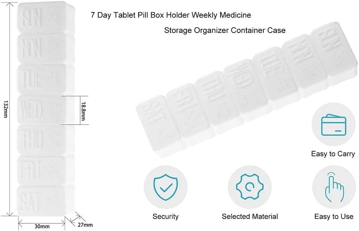 Weekly Pill Organizer, Portable 7 Day Pill Box, Travel Medicine Organiser, Compact Pill Case with Big Letters & Braille Symbol, Daily Pill Dispensers & Reminders for Vitamins, Fish Oils, Supplements (2 PCS Pocket Size, White) image number 4