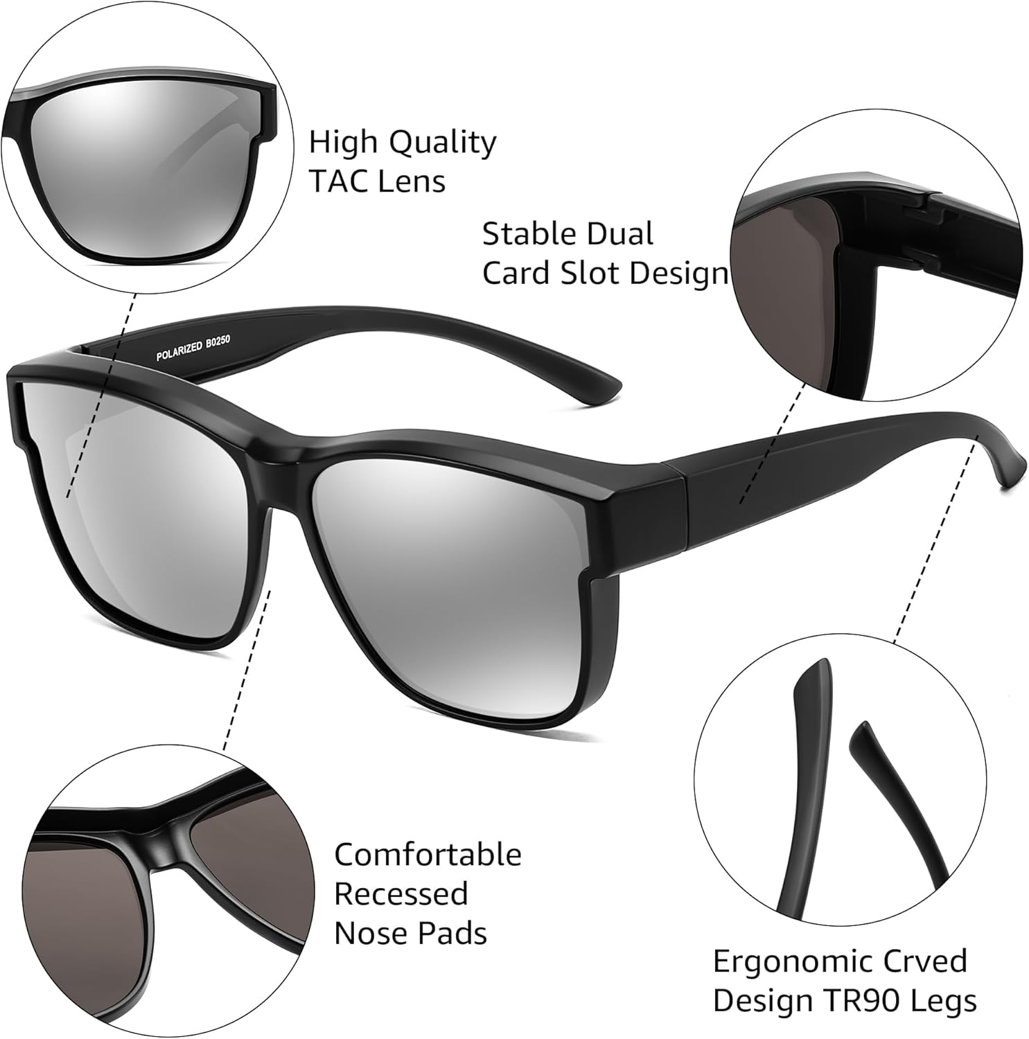 FEISEDY Polarized Sunglasses Fit over Glasses for Women Men Large Sunglasses UV400 Protection B0250 - Matte Black Frame - Blue Mirror image number 4