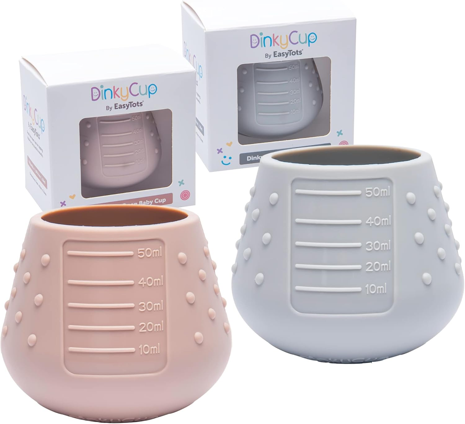 Easytots Dinkycup 2 X 50Ml | Open Re-Balancing Baby Cup | BPA Free Silicone | Use from 4 to 18 Months | Extra Small for Tiny Hands and Mouths | Perfect Weaning Sippy Cup (1 X Mauve & 1 X Grey)