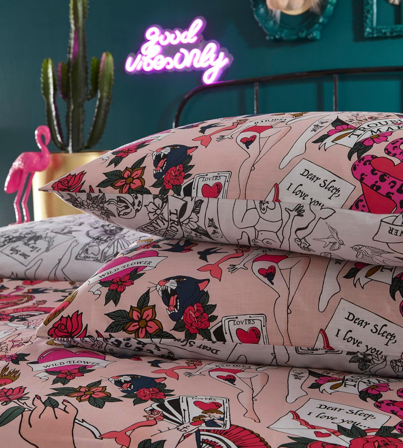 Furn Inked Duvet Cover Set &ndash; Tattoo Inspired Cartoon Print with Reversible Design, Polycotton Bedding (Pink Blush &ndash; Single) image number 1