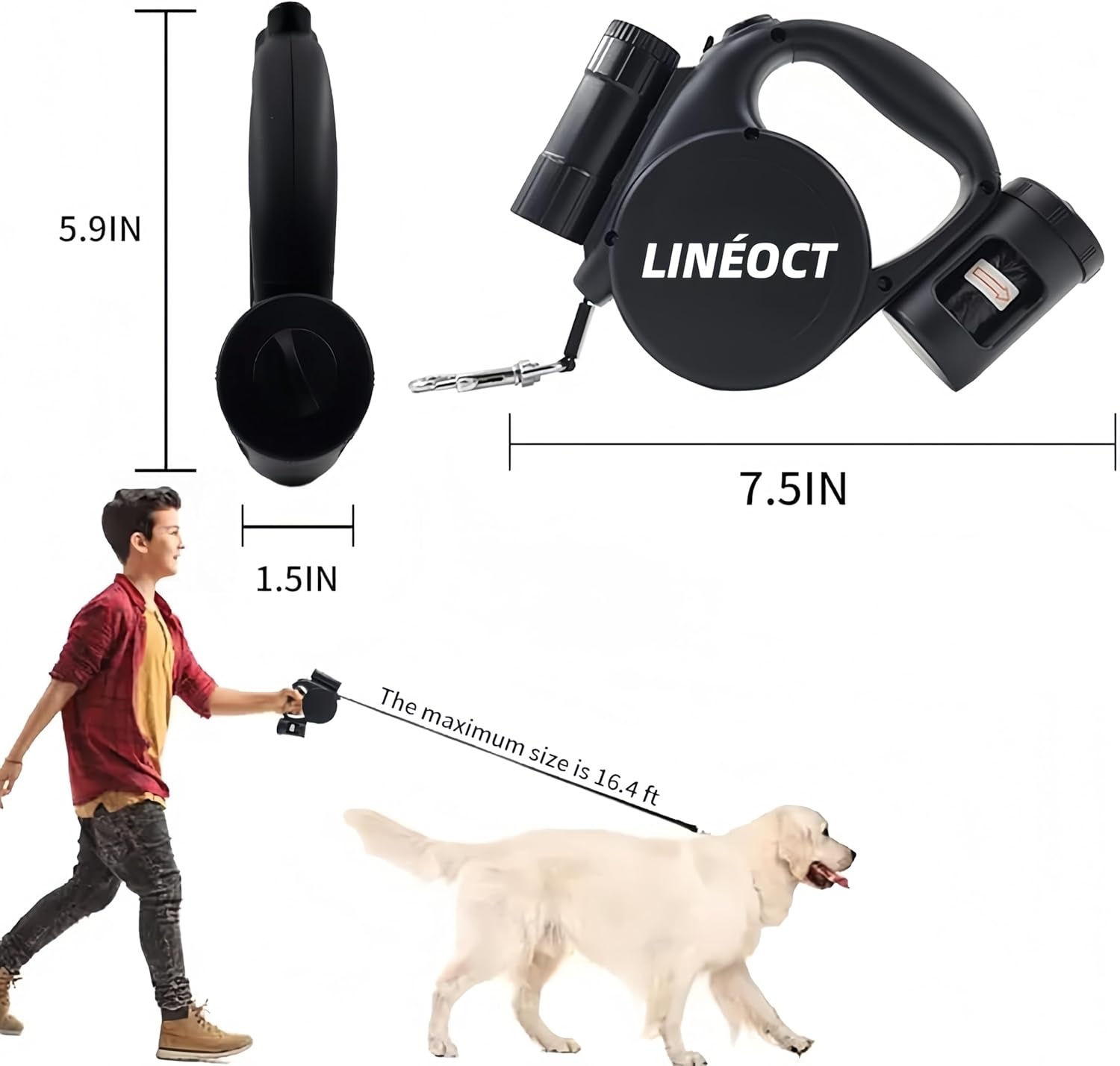 LIN&Eacute;OCT Retractable Dog Leash for Night Walking, with LED Light & Custom Drawing Area, 5M Lead for Small Medium Dogs (Black) image number 3