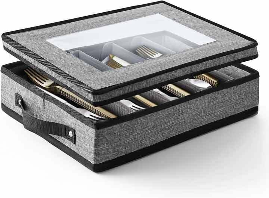 Flatware & Utensil Storage - Durable Silverware Storage Box with Padded Dividers, 5 Compartment Flatware Storage Case, Silverware Case with Handles and Removable Lid - Protects and Organizes Cutlery image number 1
