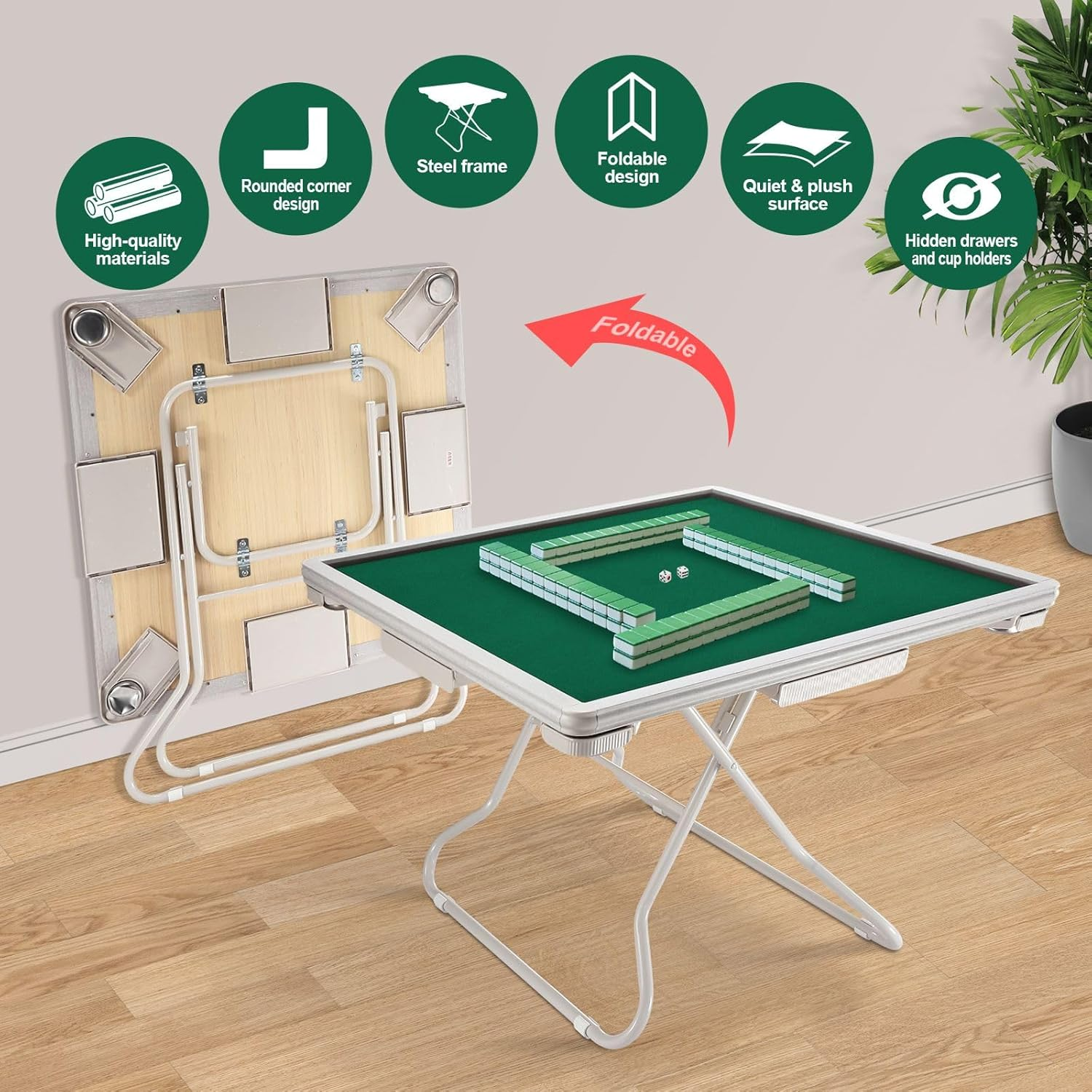GENKI Mahjong Table,Card Tables Folding Square Game Table with 4 Cup Holders & 4 Drawers for 4 People, Wear-Resistant Desktop Majiang Table for Poker Cards, Mahjong, Board Games image number 3