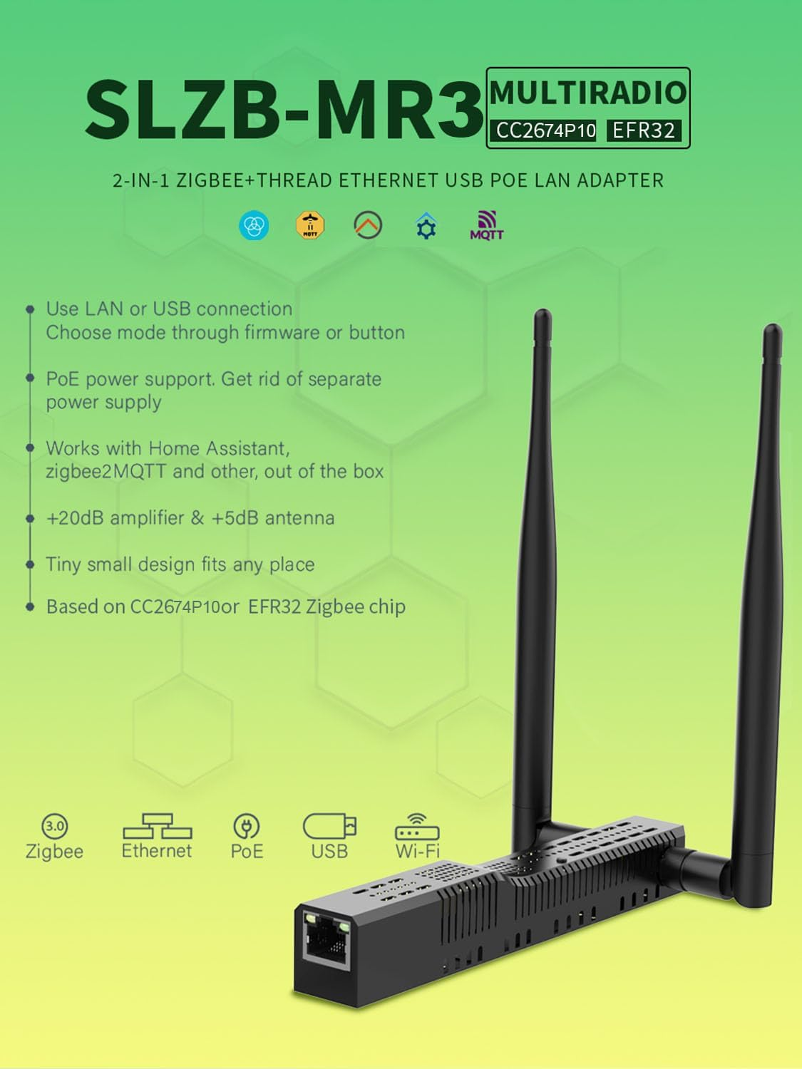 SMLIGHT SLZB-MR3 - Zigbee 3.0 to Ethernet,Usb,And Wifi Gateway Coordinator with Poe,Universal Gateway for Home Assistant/ Zigbee2Mqtt/Zha,Wireless Zigbee 3.0 USB Adapter