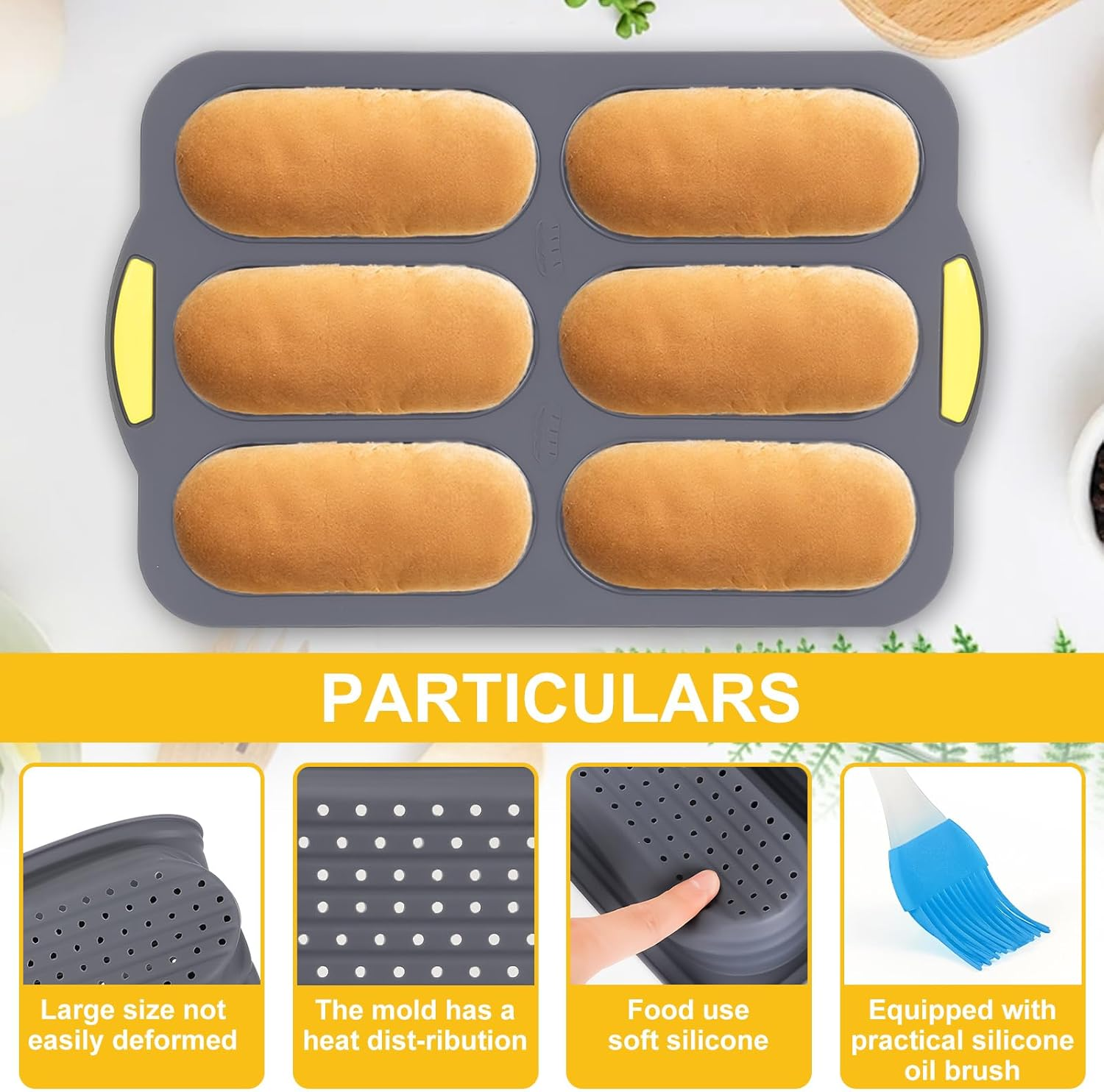 TOWEBOORY Silicone Bread Mold, Hot Dog Baking Molds with 6 Cavities and Oil Brush Non Stick Loaf Baking Pan Tray for Homemade Baking French Baguettes Hot Dog Buns (Gray) - Brown image number 6