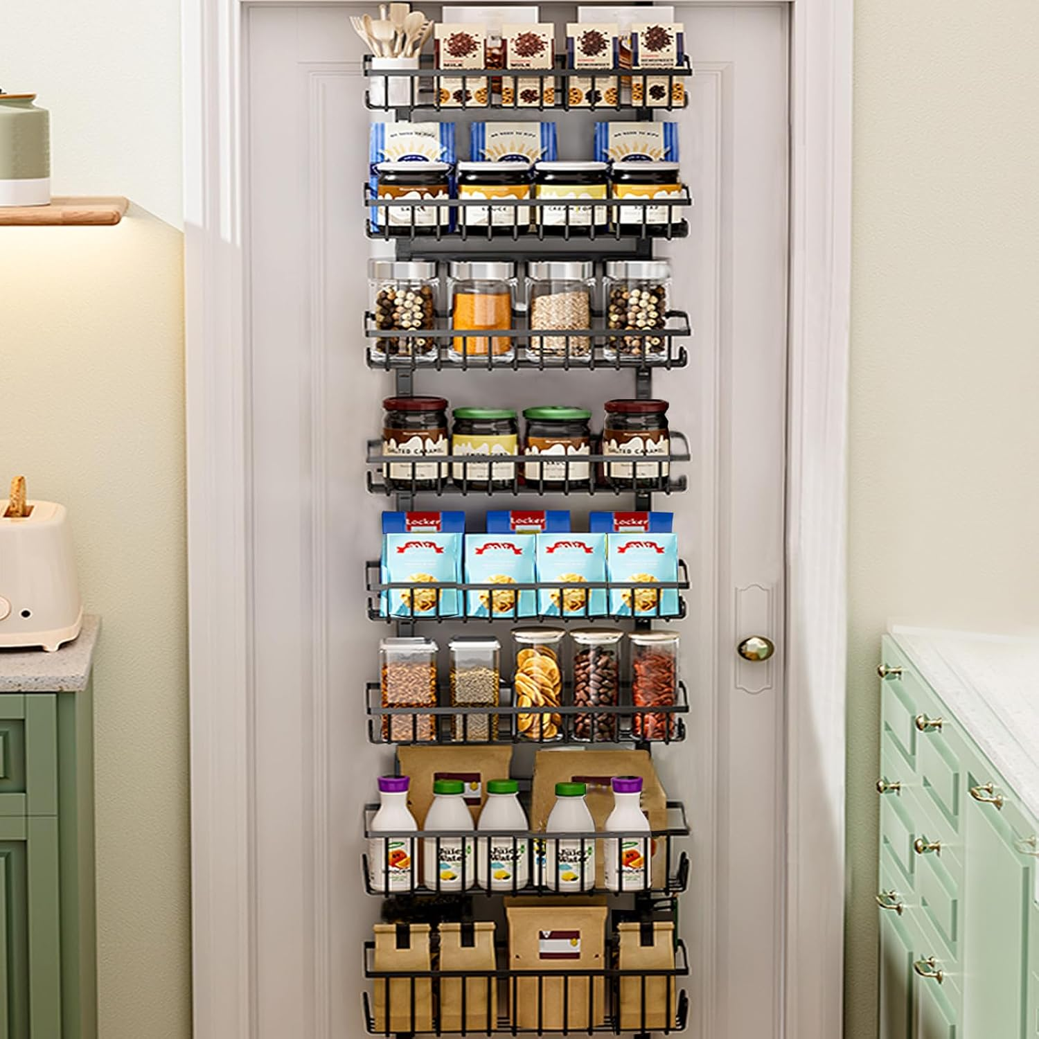 Over the Door Pantry Organizer, 8-Tier Heavy-Duty Metal Pantry Organizer with Adjustable Baskets, Spice Rack, Space-Saving Shelves, with Suction Cups for Each Layer