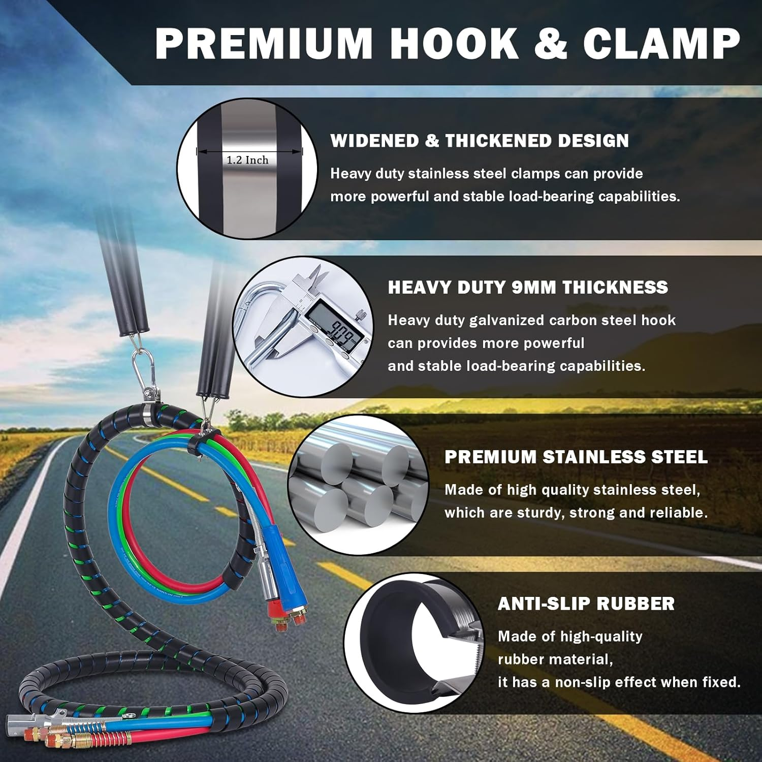 Cheemuii 2PCS 16" Double Tender Spring Kits with 3In1 Hose Holder and 3-Hole Clamp Heavy Duty Trailer Dual Tender Spring for Semi Truck Air Lines Kit with 2 Style Air Line Holders - 16In Single image number 7