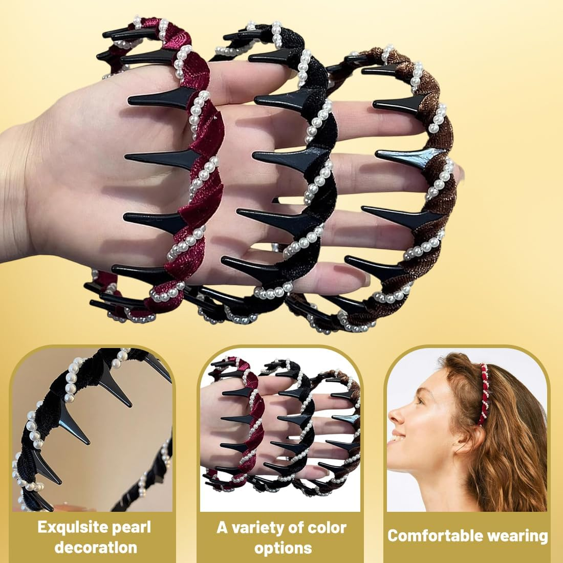 Pack of 3 Pearl Zigzag Headbands, Pearl Shark Tooth Hair Comb, Hard Headbands, Women'S Wavy Plastic Headband, Make up Headband, for Sports, Fitness, Daily Girls, Women, Men image number 3