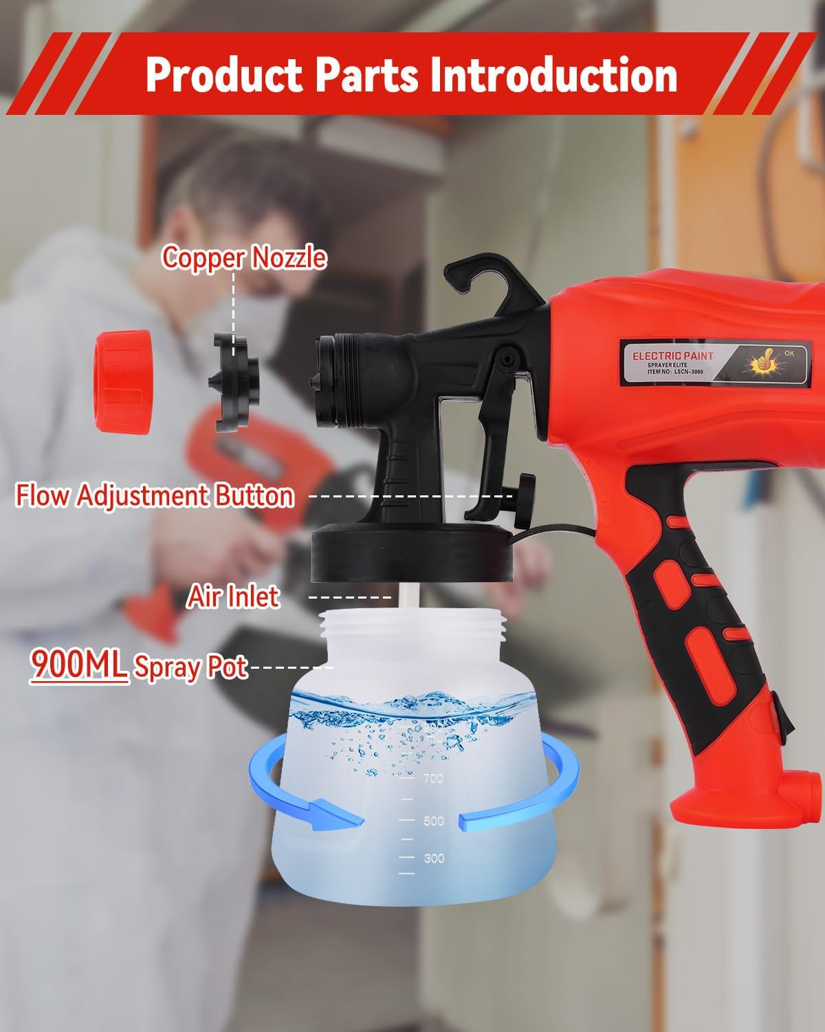 Musclez Paint Sprayer, 900Ml Capacity Paint Spray Gun, 3 Spray Modes Electric Paint Sprayer, Easy to Clean and Assemble, Suitable for Walls, Furniture, Cabinets, Fences, Doors, Chairs image number 1