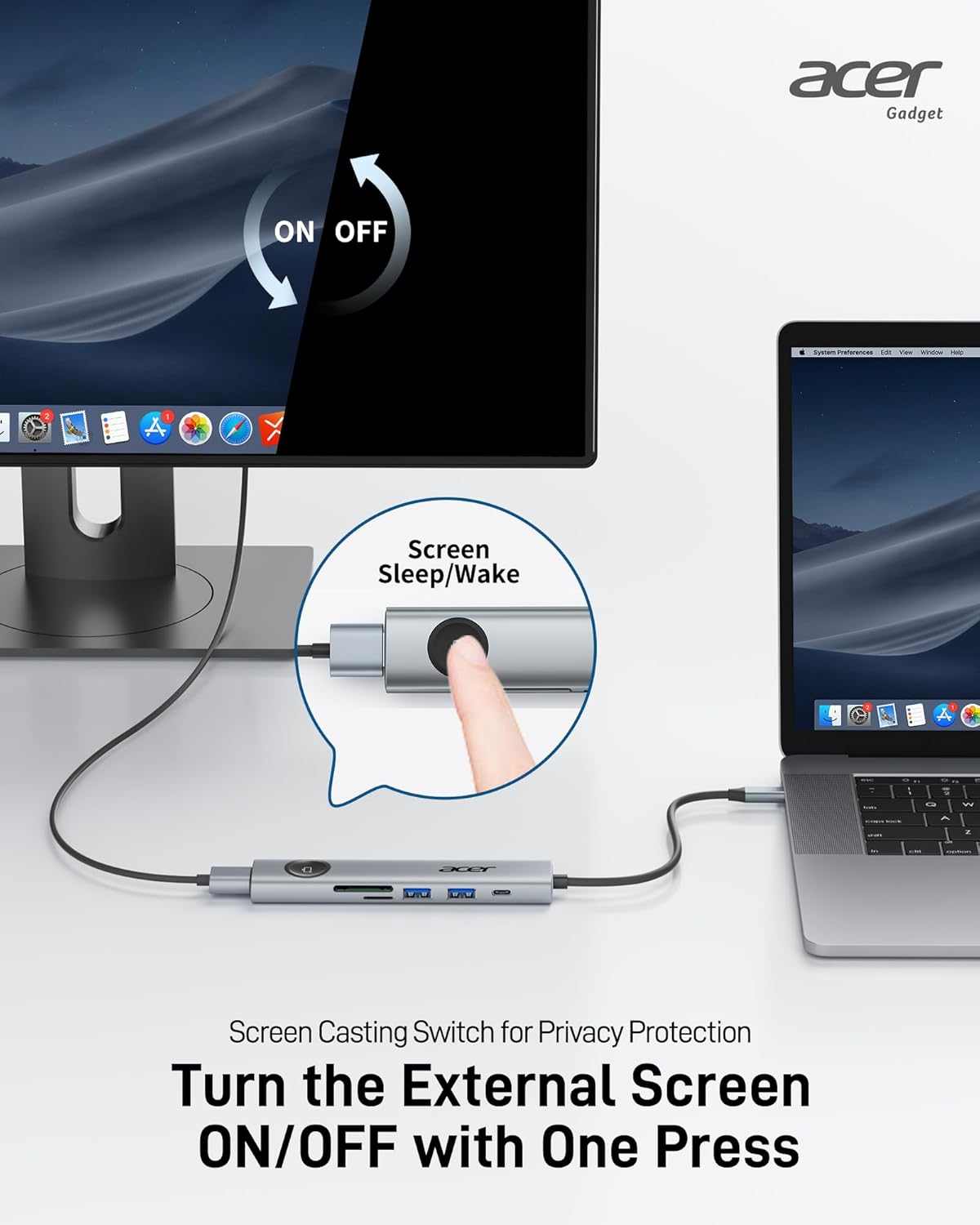 Acer USB C Hub, 7 in 1 USB C to HDMI Adapter, 4K@60Hz HDMI, 2 USB 3.1 and Type-C Data Port, 100W PD, SD Card Reader, Screen On/Off Button for Macbook Pro/Air, Ipad Pro/Air, Switch and More (Gray)