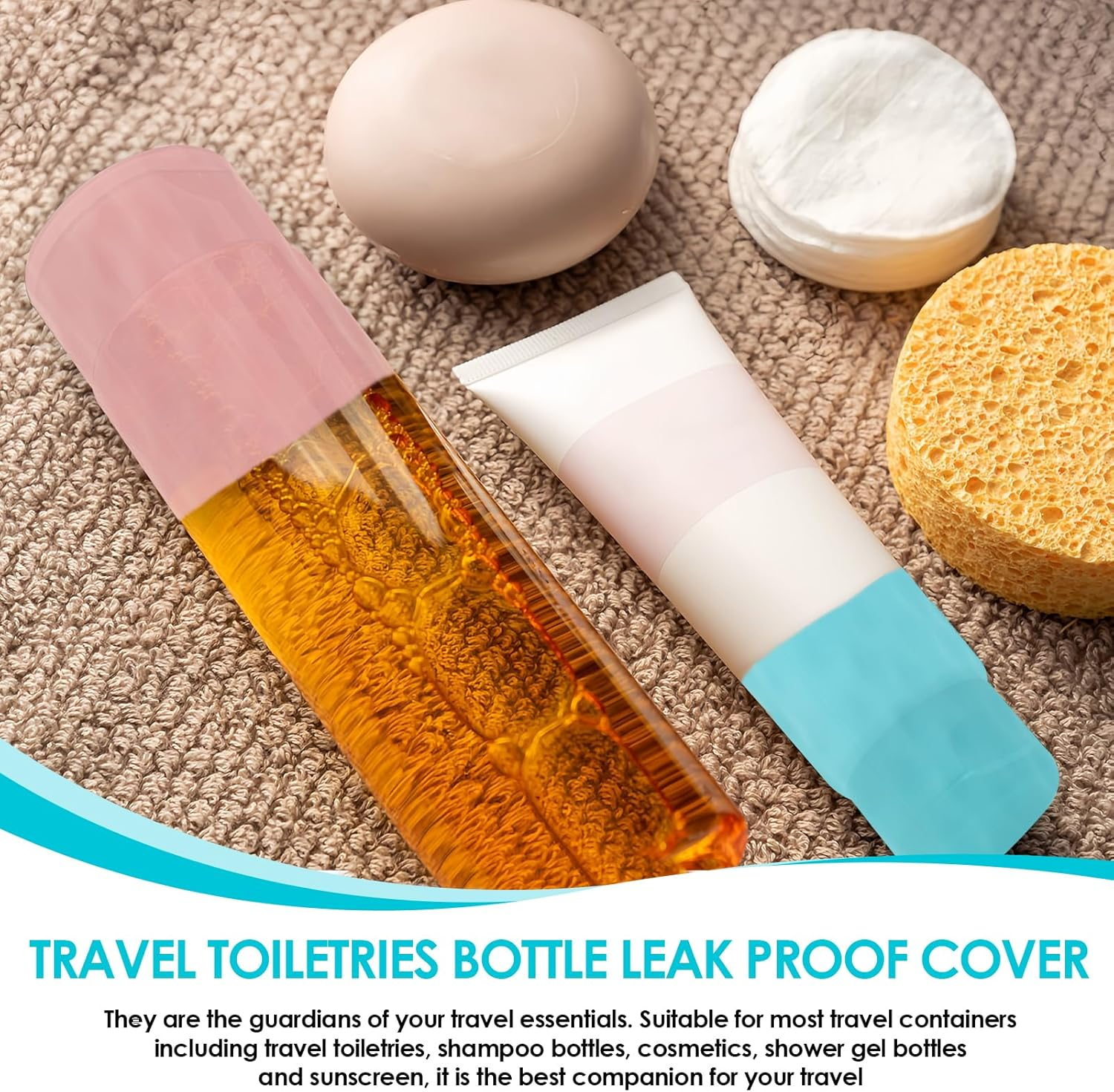 10 Pack Silicone Bottle Covers - Travel Leak Proof Toiletry Sleeves for Shampoo, Lotion & Cosmetics | Fits Most Bottles | Cruise & Plane Essentials for Women & Men (5 Colours) image number 1