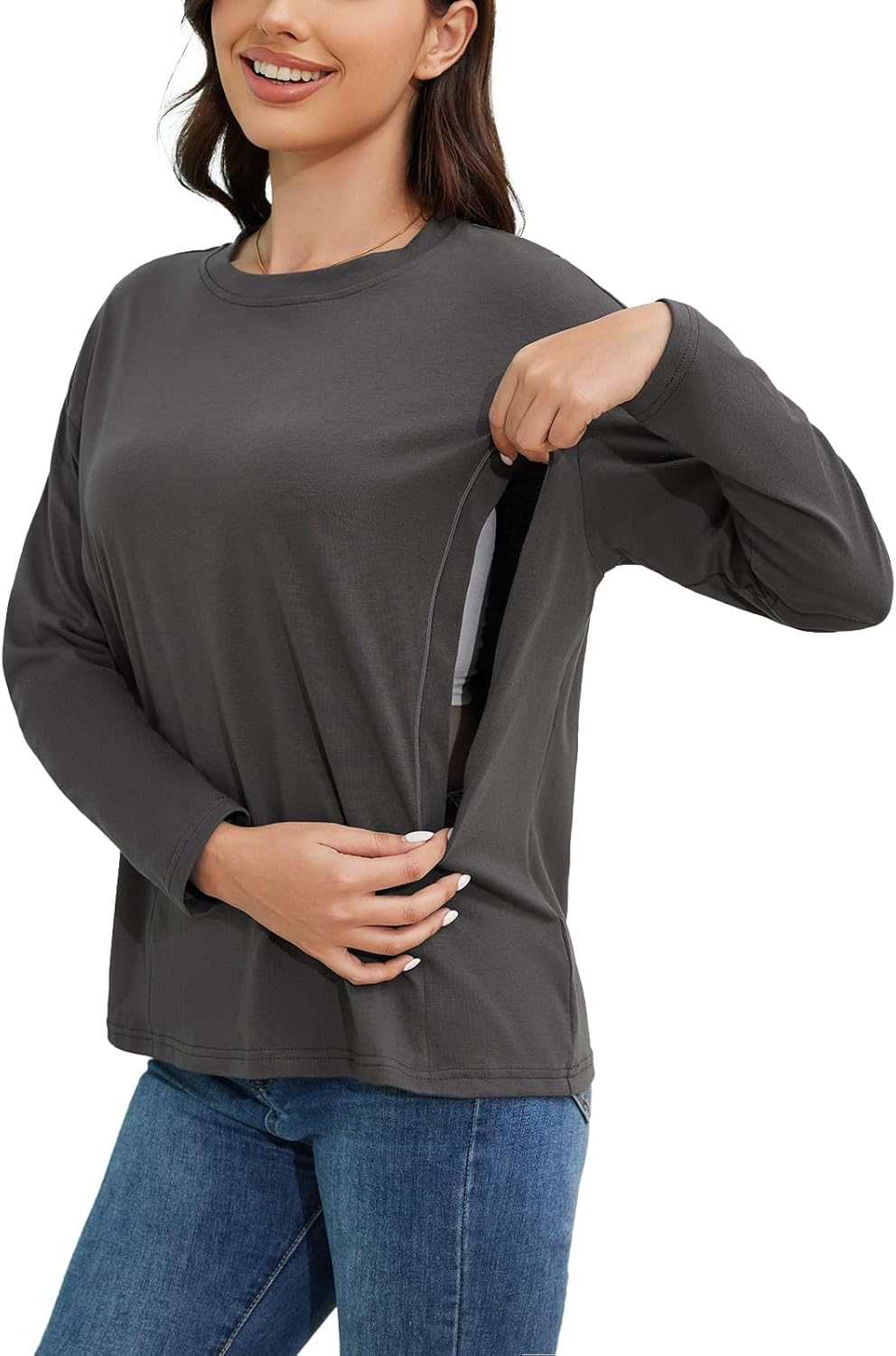 Ecavus Women&rsquo;S Zip Maternity Nursing Tops for Breastfeeding Long Sleeves Casual Nursing Shirts Pregnancy Mama Clothes