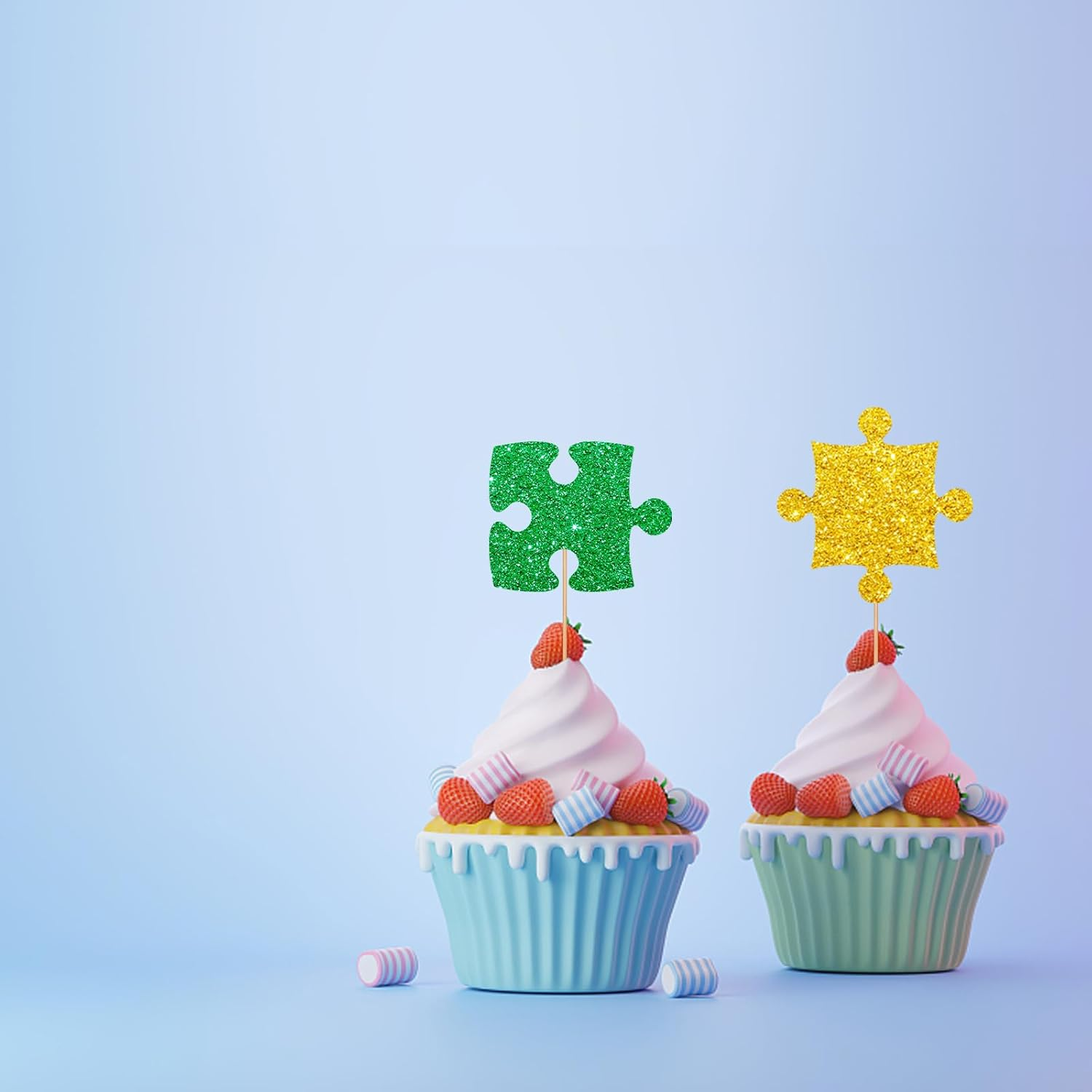 24Pcs Puzzle Cupcake Toppers, Primary Colored Puzzle Cupcake Toppers, Colorful Glitter Puzzle Cake Decoration for Baby Shower, Kids Birthday/Autism Themed Party Supplies image number 5
