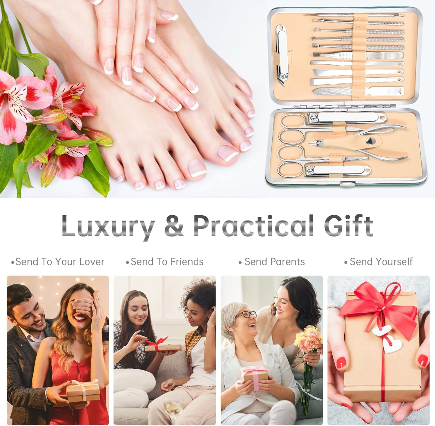 DUAIU Manicure Set, 16-Piece Nail Clippers Set, Professional Stainless Steel Manicure Pedicure Set, Nail Care Set, Women and Men, Nail Case, Fingernail Care Set for Travel image number 3