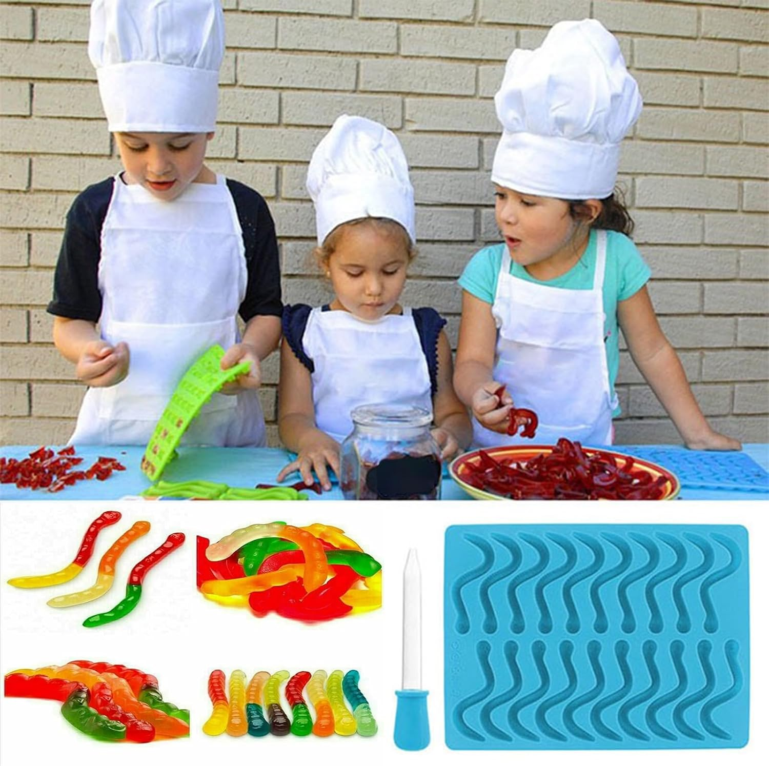 Sky Blue Silicone Gummy Mold - Dishwasher-Safe, Non-Toxic Food Grade (-40℃-230℃) for Kids Vitamin Candy, Fishing Lures Jelly Snakes Worms, Oven/Freezer image number 4