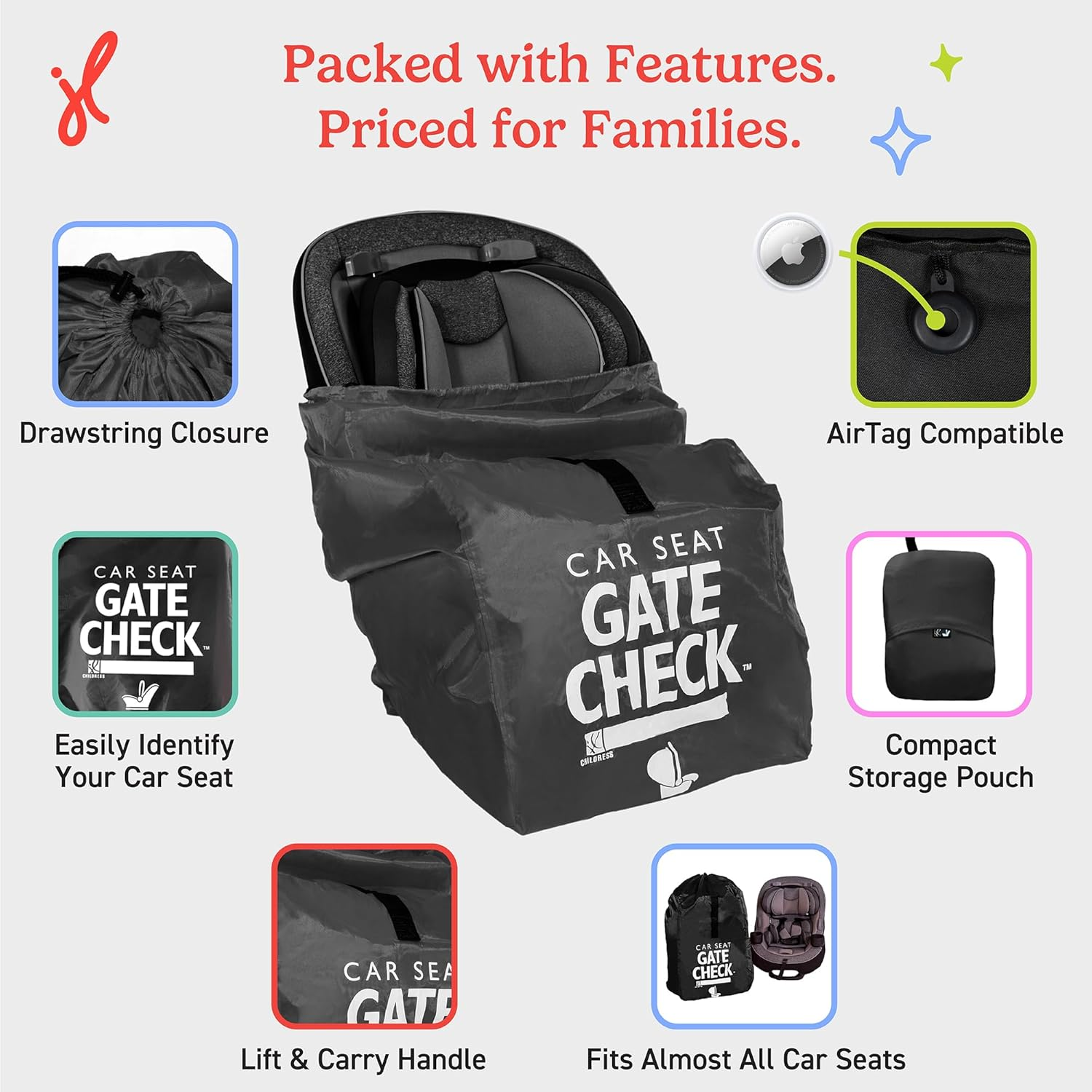 J.L. Childress Gate Check Bag for Car Seats - Air Travel Bag - Fits Convertible Car Seats, Infant Carriers & Booster Seats, Black image number 3