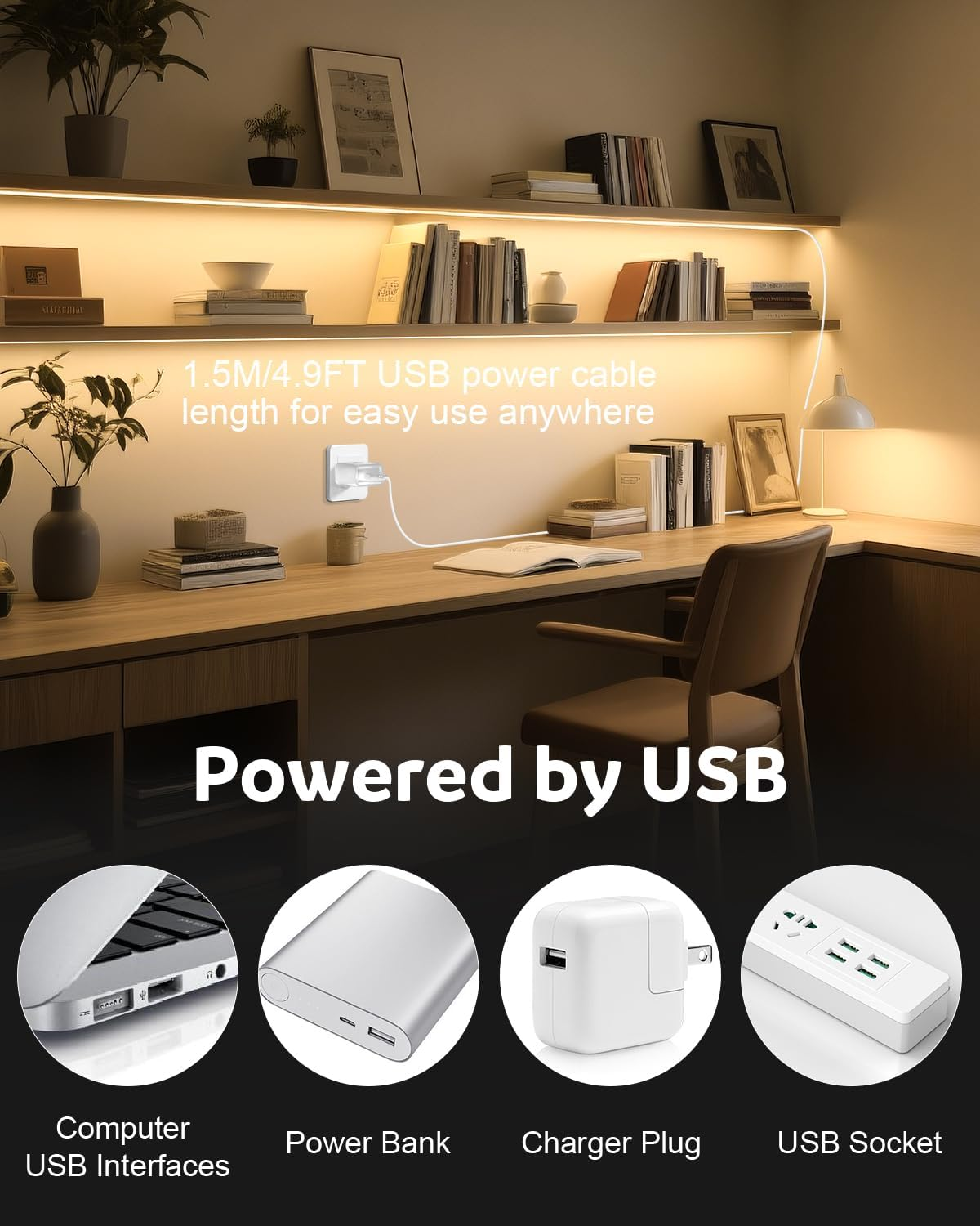 Aclorol LED Strip with USB Connection 5 M Warm White 3000 K 60 Leds/M Dimmable LED Strip Self-Adhesive 8 Mm Wide Flexible for Kitchen Cabinets Mirror Display Cabinet Bed Backlight image number 4