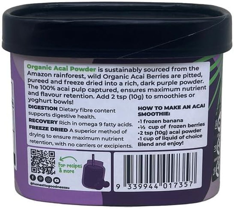 Honest to Goodness, Organic Acai Powder, 200 Grams - a Rich, Dark-Berry Flavour, Reminiscent of a Fruity Chocolate Bar. Sustainably Sourced. Natures Powerhouse. image number 1
