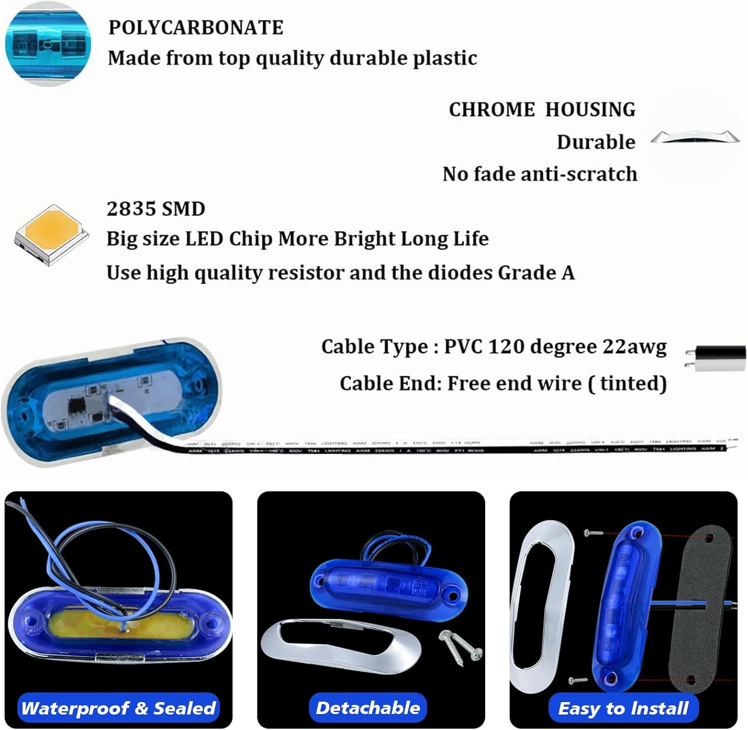 6Pcs 9.2Cm Boat Interior Lights, Waterproof LED Deck Courtesy Lights for Yacht, Pontoon, Sailboat, 12V24V Cockpit Light Also for Truck, RV, Exterior Modification, Durable Bright LED Lighting (Blue)