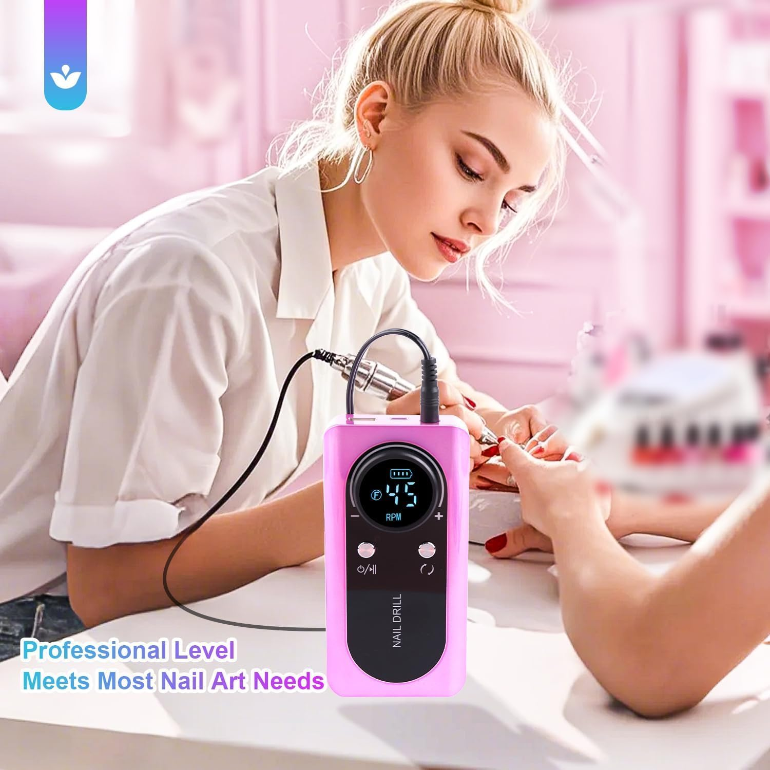 Portable Electric Nail Drill LEDSUUEI: 45000 RPM Nail Drill Professional Electric Nail File Machine for Acrylic Nails Gel Polishing Removing, Manicure Salon Home,Pink image number 5