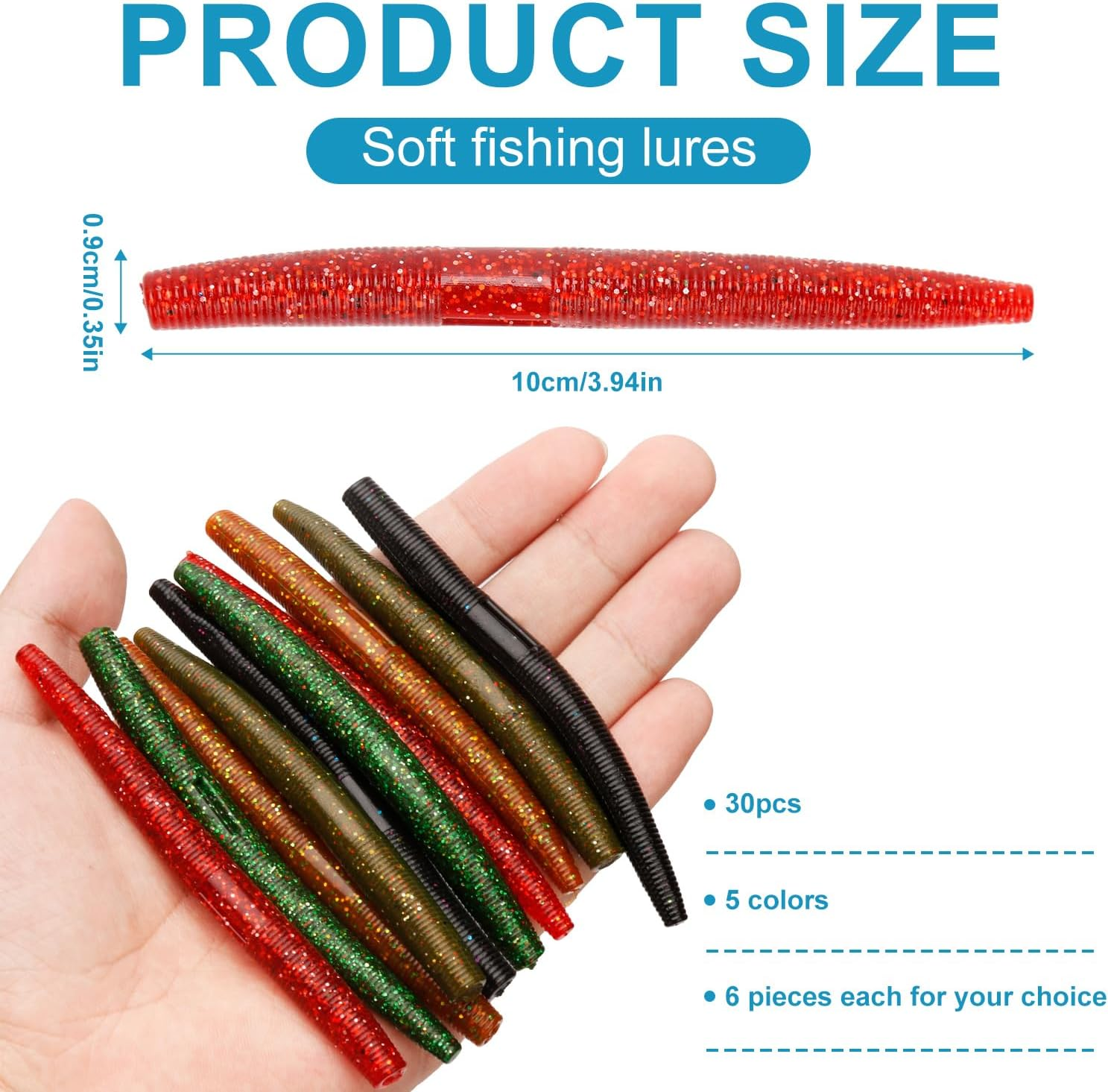 30Pcs Wacky Worm Soft Fishing Lures, 3.94In Bass Fishing Lures Rubber Stick Baits 5 Colors Bass Fishing Lures Soft Plastic Stick Worm for Bass Freshwater Saltwater Fishing image number 4
