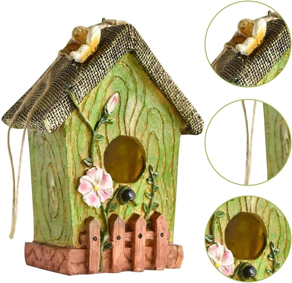 Birdhouse Decoration,Hanging Bird House,Bird Nest Box,Resin Animal House, for Garden, Courtyard, and Outdoor Decor,With Ladybug and Butterfly Statue for Yard Porch Decoration,Green image number 3