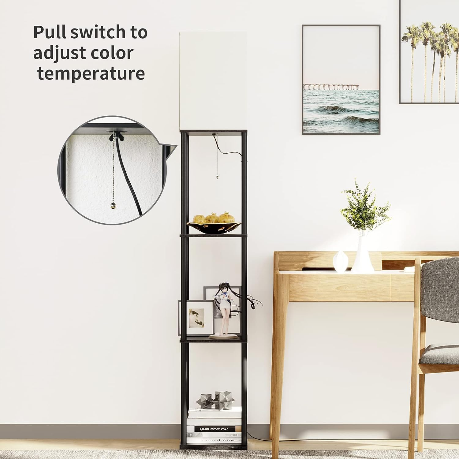 WAMBORY Floor Lamp with Shelves,Modern Square Standing Lamp with 3 Color Temperature Bulb, Corner Display Bookshelf Lamp with White Linen Shade,Shelf Floor Lamp for Living Room and Bedroom (Modern) image number 4