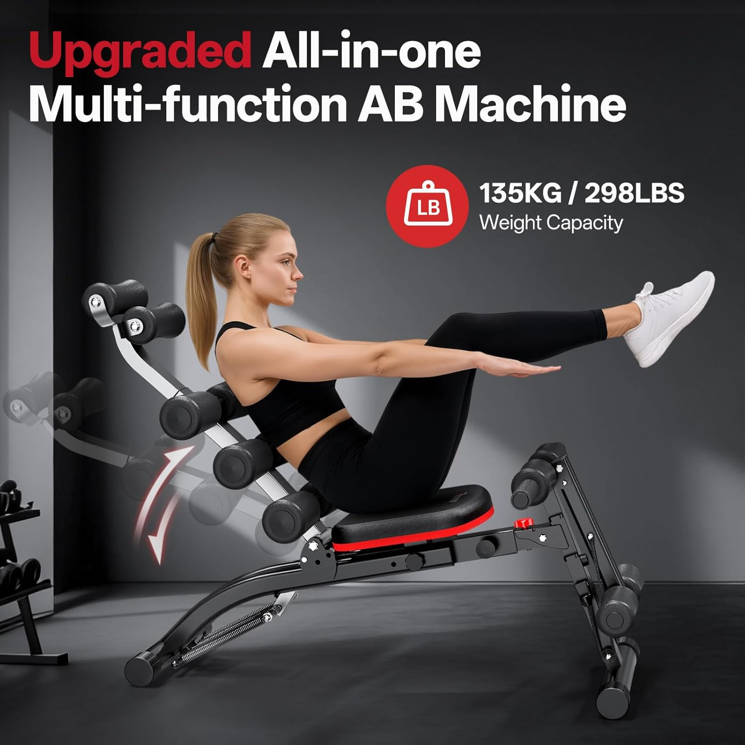 PASYOU Ab Machine Sit up Exercise Equipment with Resistant Bands,Foldable Multi-Functional Adjustable Abdominal Trainer,135Kg Weight Capacity Bench for Home Gym,Full Body Exercise Chair