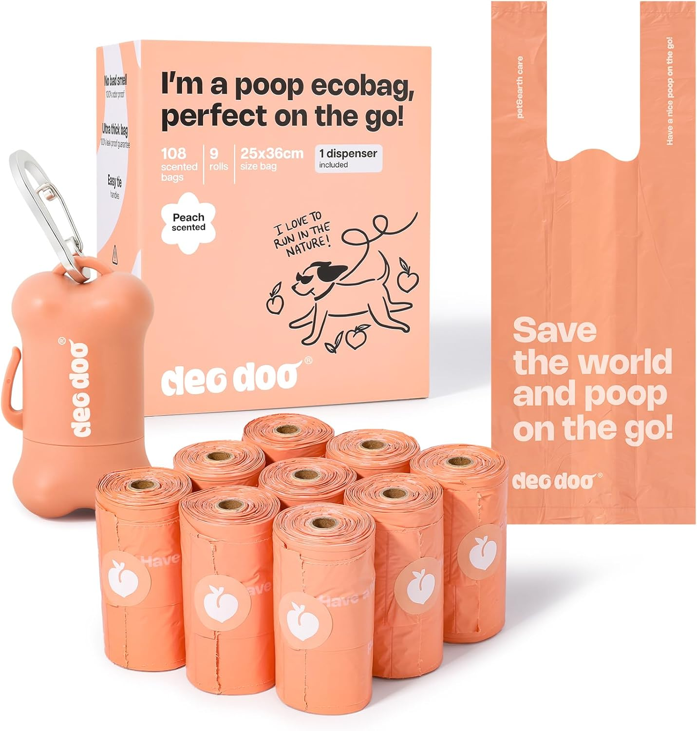 Deo Doo Dog Poop Bags with Handles 30 Rolls 360 Counts Big Sizes Leak Proof and Extra Thick Waste Bags Refill Rolls for Walking Small Medium Large Dogs Cats Litter Peach Scented