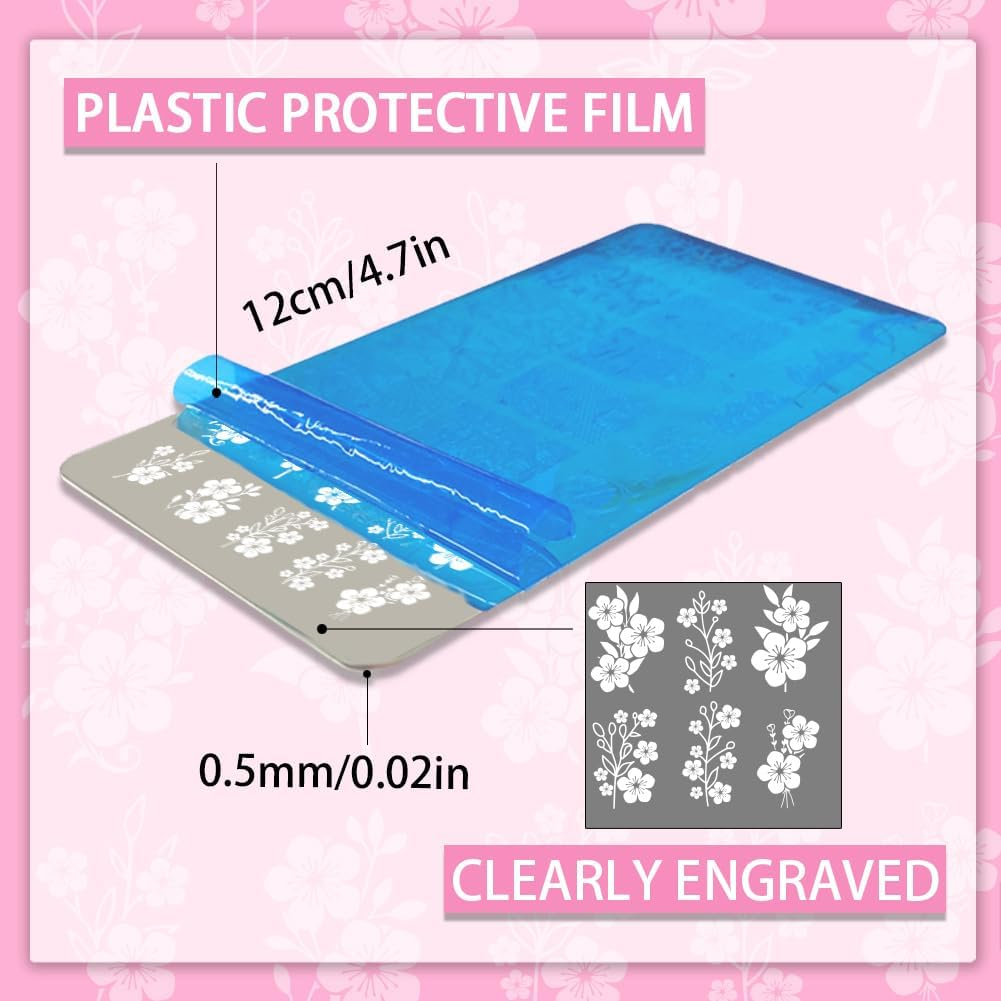 PH Pandahall 3Pcs Flower Branches Pattern Nail Stamp Plate Rose Pattern Nails Stencils Stainless Steel Nail Image Plate Flowers Print Art Template for Women DIY Printing 4.7X2.3 Inch image number 6