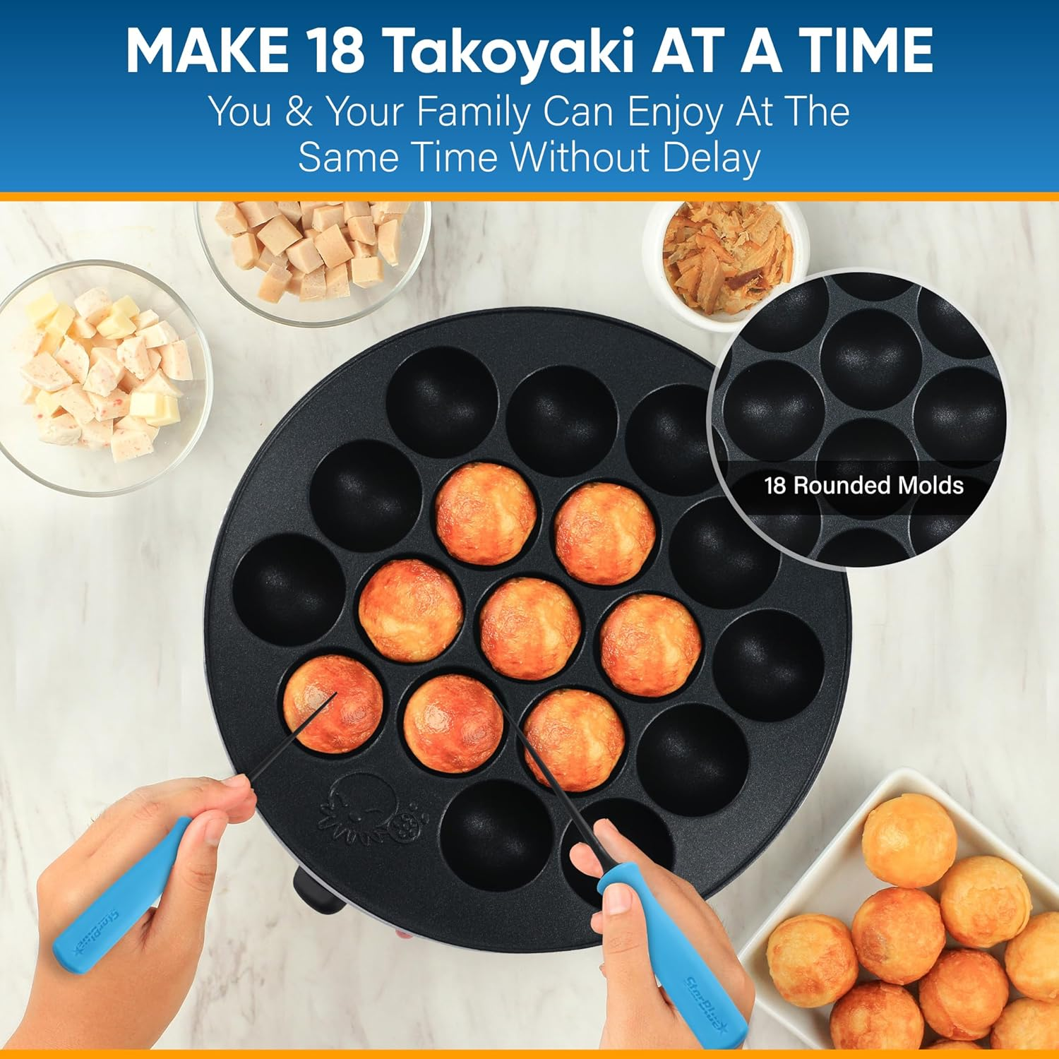 Starblue Takoyaki Maker Machine with FREE Takoyaki Picks - Temperature Control 18 Holes Electric Pan for Japanese Octopus Balls 220V 60Hz 700W UK Plug with AU Adapter image number 6