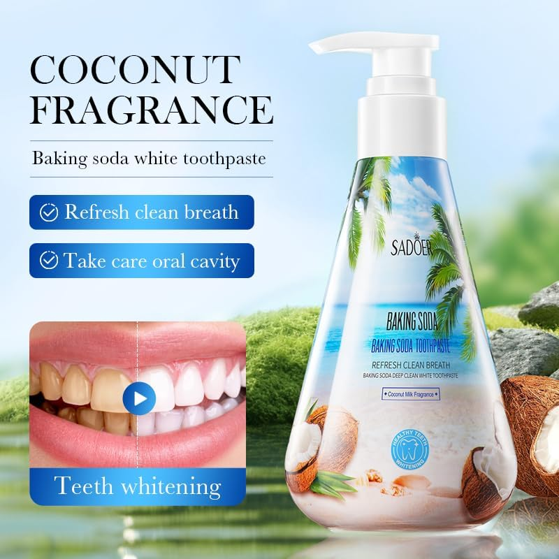 Baking Soda Coconut Flavor Whitening Toothpaste, Deep Cleaning Tartar Stains, Bright White Teeth, Care of the Mouth Fresh Breath, Mouth and Teeth, Intimate Protection of Your Healthy Mouth.