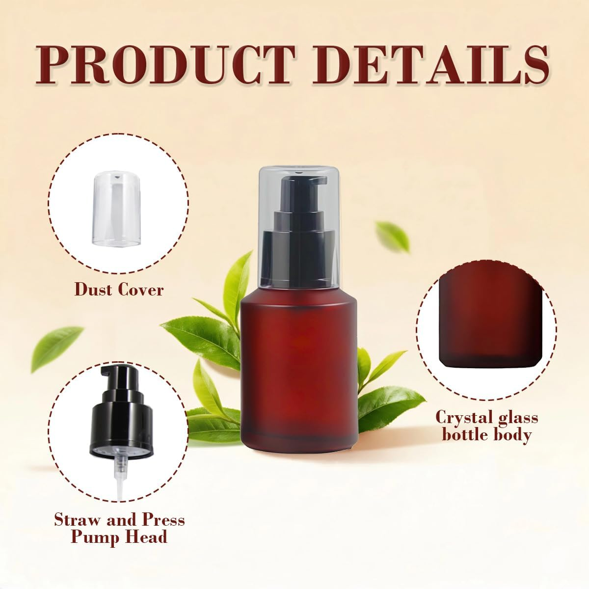 1PCS 60Ml/2Oz Empty Refill Frosted Rose Red Glass Cream Lotion Pump Bottle Cosmetic Makeup Emulsion Toiletries Liquid Storage Holder Travel Packing Container with Clear Dust Cap (60Ml Rose Red) image number 2