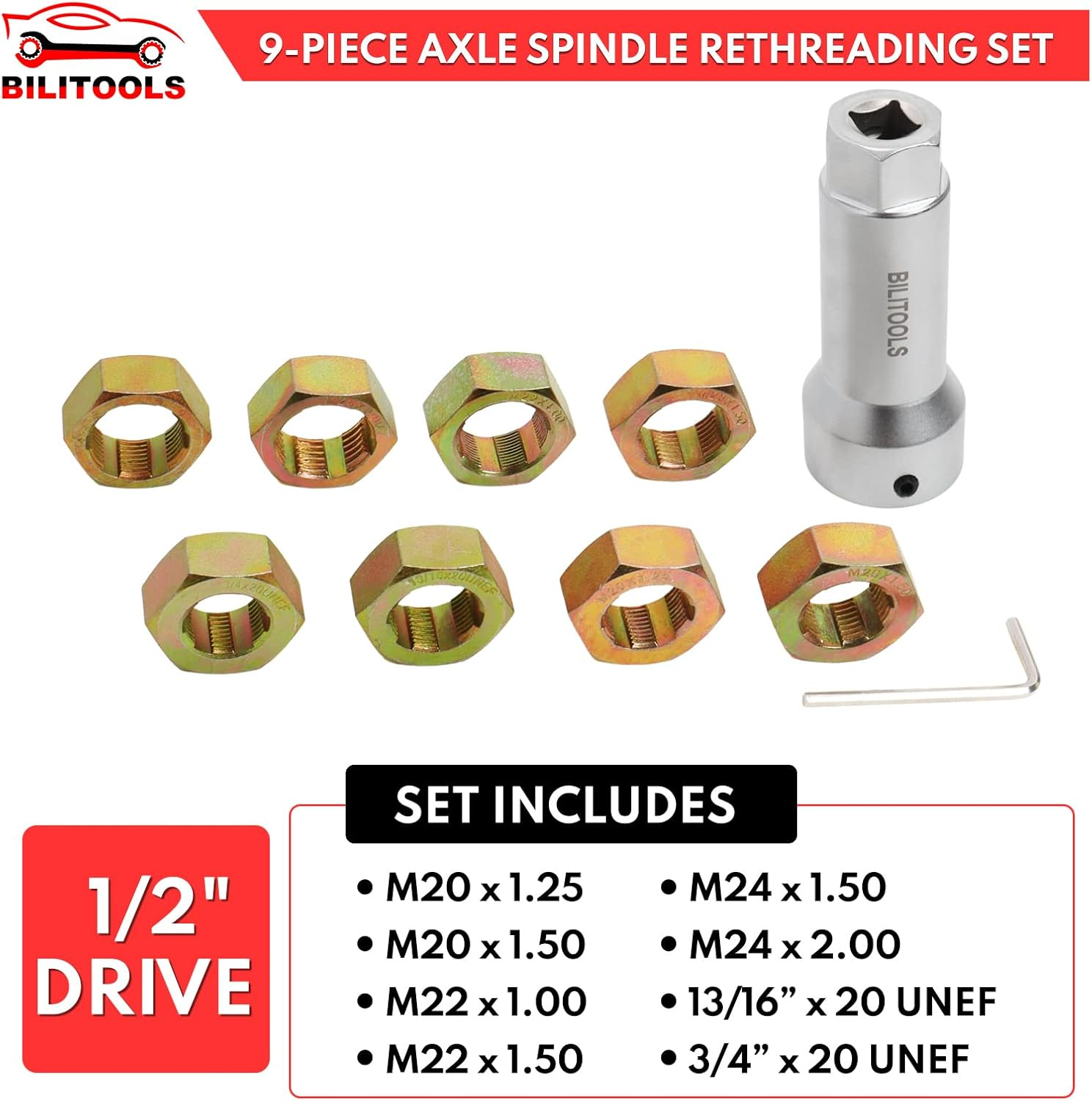 BILITOOLS 10-Piece Axle Spindle Thread Chaser Set, Thread Rethreading Restorer Tool Metric M20 M22 M24 & UNF 13/16&rdquo;3/4&rdquo; image number 1