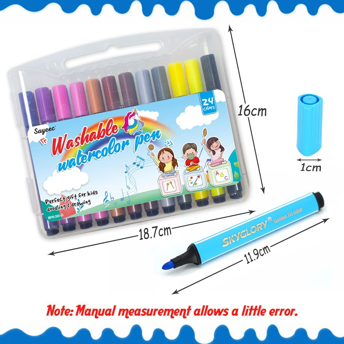 SAYEEC 24 Colors Washable Marker Coloring Pens Set Children Drawing Pen Watercolor Art Marker Medium Tip Pen for Kids Adult Coloring Books Manga Comic Calligraphy Sketching image number 1