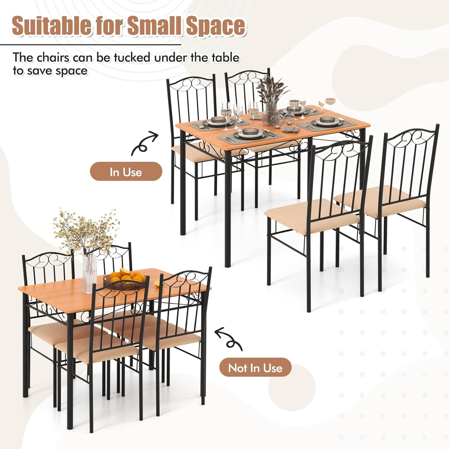 Giantex 5-Piece Dining Set, Modern Rectangular Dining Table & Upholstered Chair, Space-Saving Dinette Set for Dinner, Restaurant, Kitchen Dining Room Furniture for 4, Orange image number 4