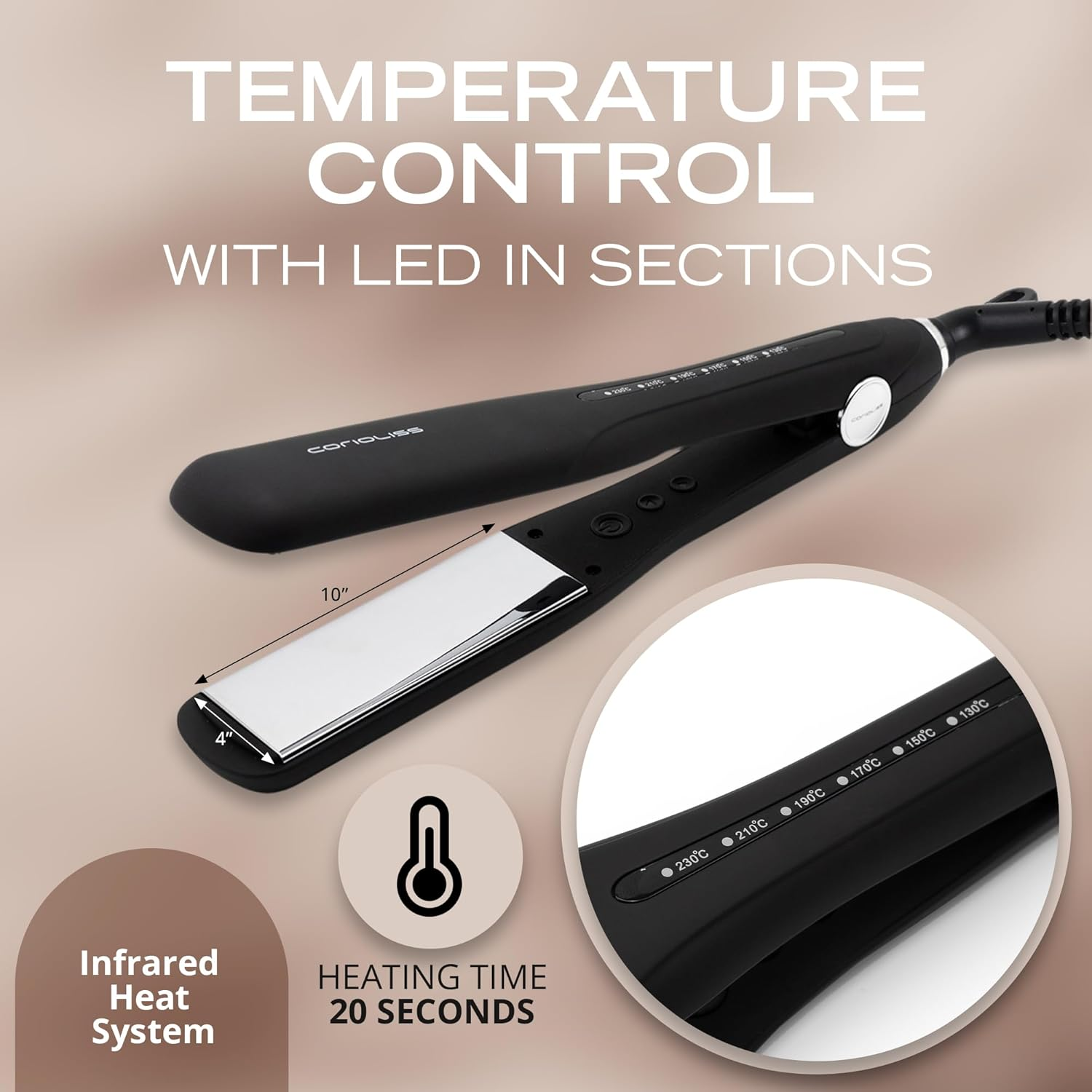 Corioliss Wide Flat Iron Hair Straightener Professional Titanium Plates Temperature Black Soft Touch - C-Extreme image number 4