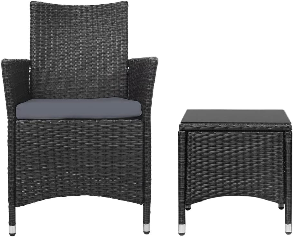 Gardeon 3Pcs Wicker Patio Furniture, Bistro Set Table and Chairs Outdoor Lounge Setting Conversation Sets Dining Chair Garden Backyard, Cushion with Rattan Coffee Table Black Glass Tabletop image number 4