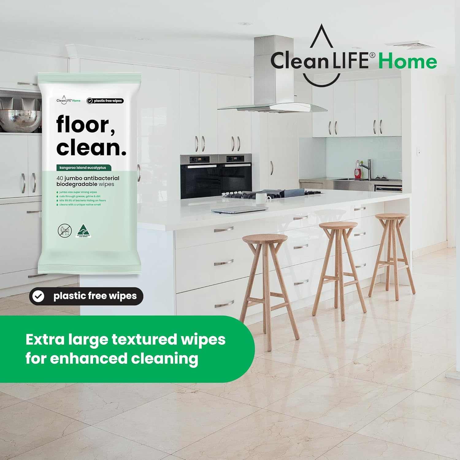 Cleanlife Disinfecting Floor Wipes - Biodegradable Plant-Based Wet Pads, Mop-Compatible Quick Sanitising, Disinfectant Cleaner, 40 Wipes Pack image number 5
