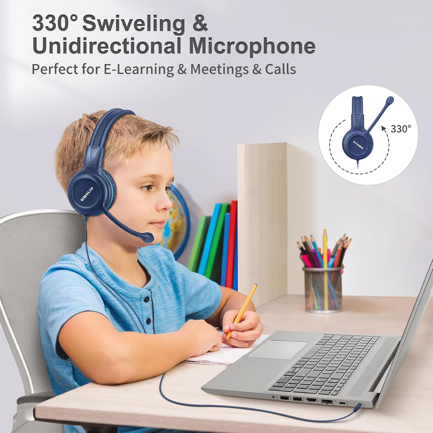 SIMOLIO Kids-Headphones with Microphone for Ipad Laptop, Wired Children Headphone -School W/ 75/85/94Db Volume Limiting, Noise Cancelling Kids Safe Headsets with Cord for Boys, Girls, Teens (Blue) - Blue image number 5
