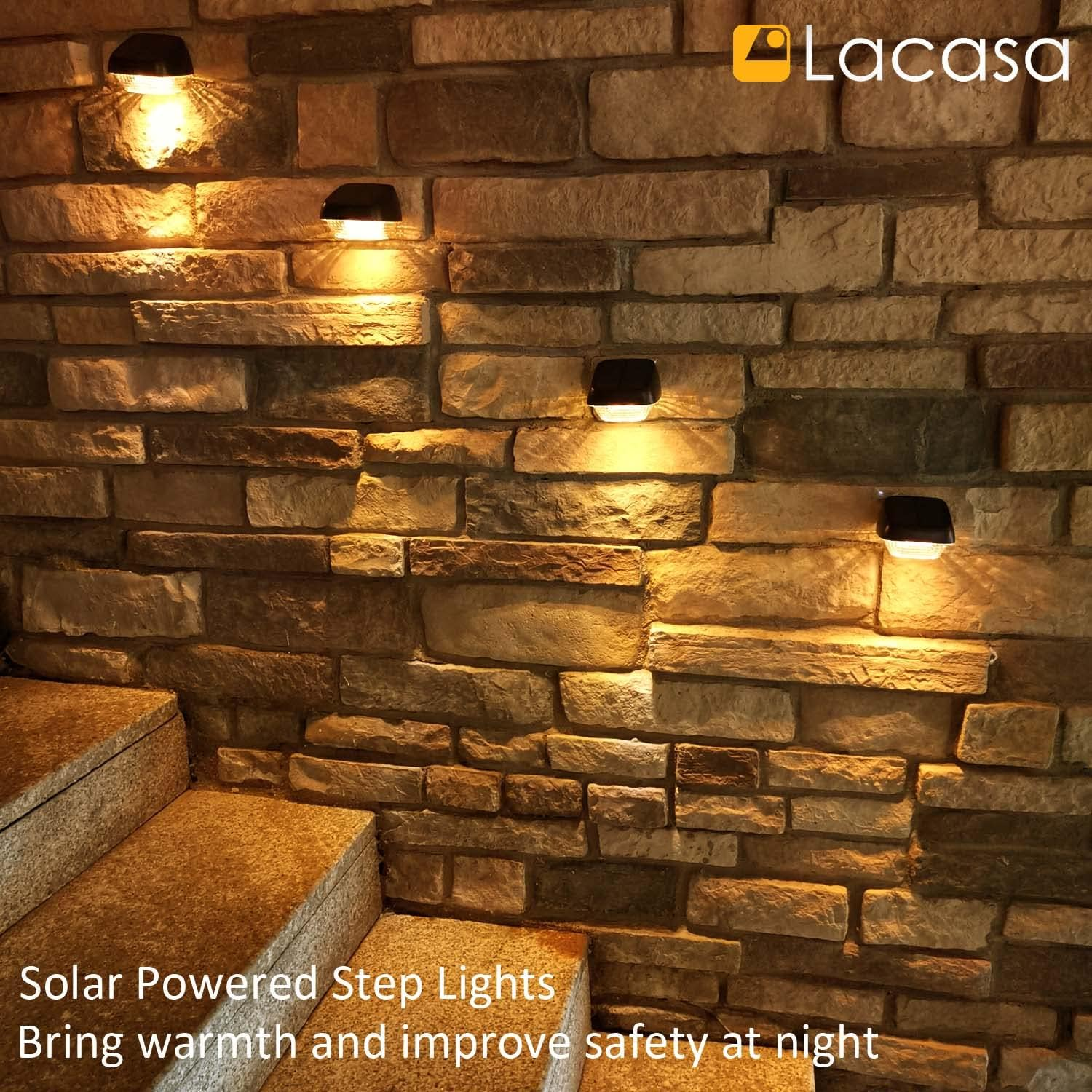 Lacasa Solar Outdoor Lights, 4 Pack Solar Fence Lights Solar Powered Step Lights Warm White 2700K, LED Solar Deck Lights Auto On/Off Waterproof IP65 Solar Wall Lights for Garden Patio Yard Stairs image number 5