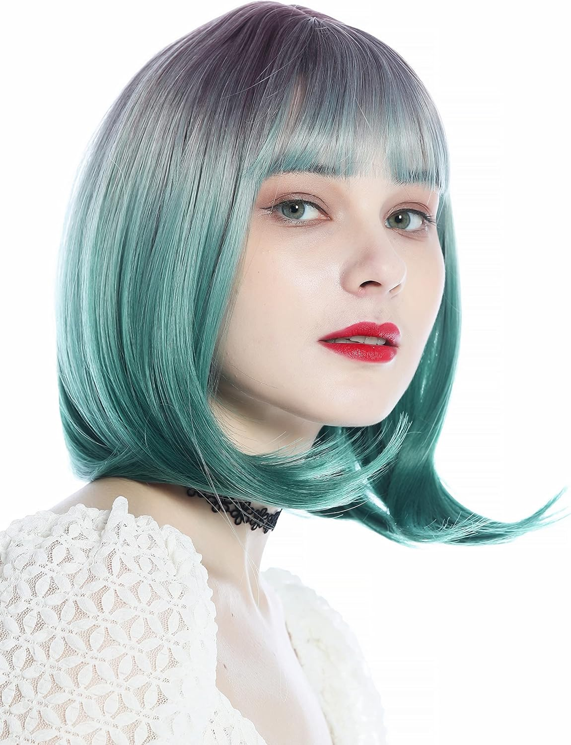 WIG ME up - SZL0842-T-007 Women'S Wig Short Straight Long Bob Bob Fringe Purple Green image number 1