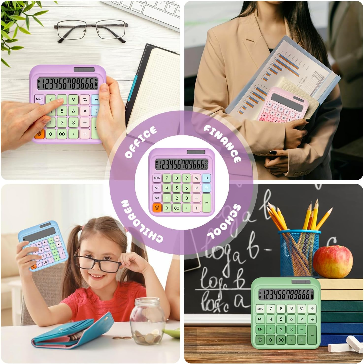 Sonicefit Mechanical Switch Basic Calculator 12 Digits, Solar/Battery Dual Power, Tactile Keys & Large LCD Display, Cute Aesthetic Desktop Calculators for Office School Business Home (Purple) - Blue image number 5