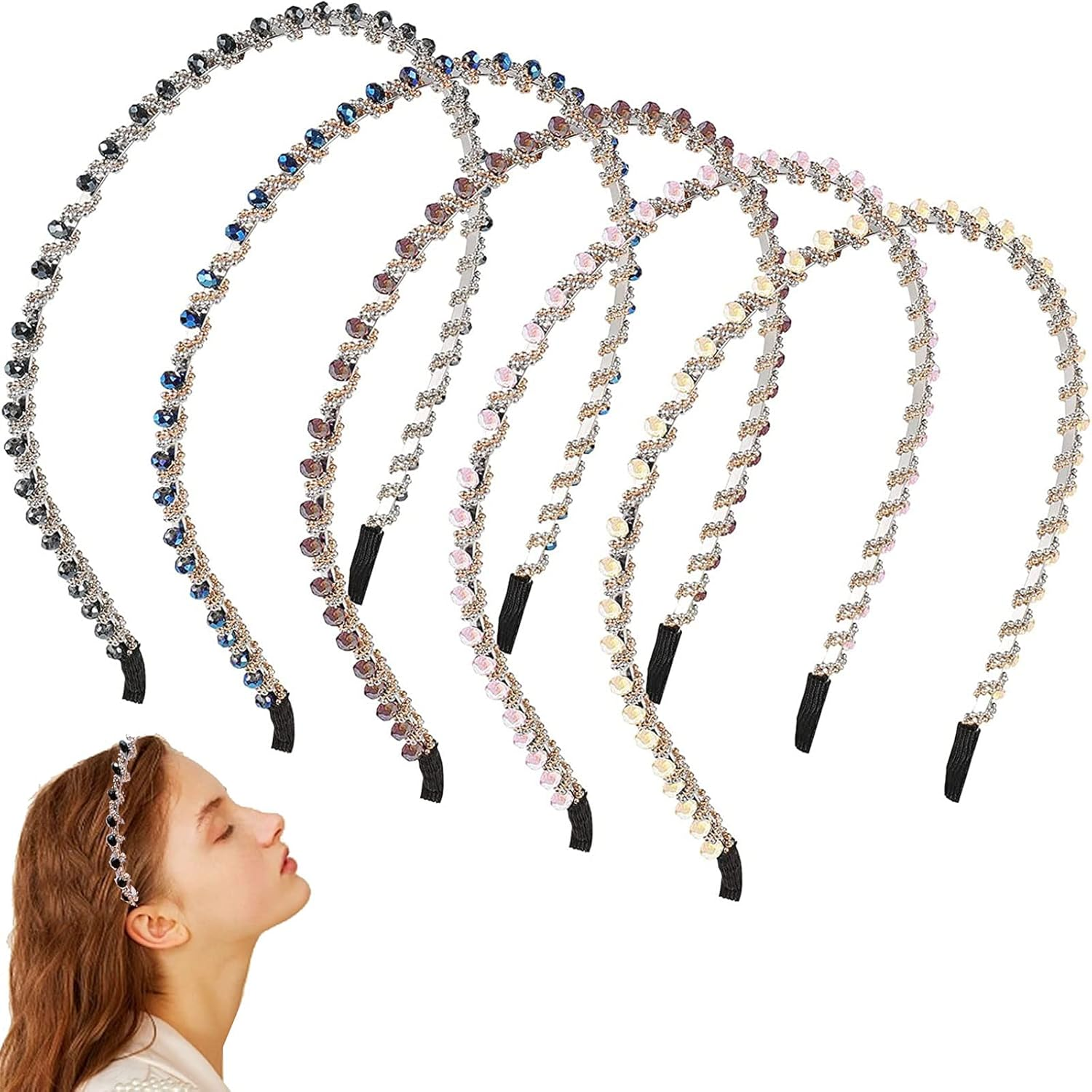 Pack of 5 Women'S Headbands, Colourful Crystal Rhinestone Headband, Glitter Headband, Rhinestone Hair Band, Crystal Hair Clips, Women'S Headband, Non-Slip Bangs Hairstyle Hairpin Headband for Women Girls image number 4