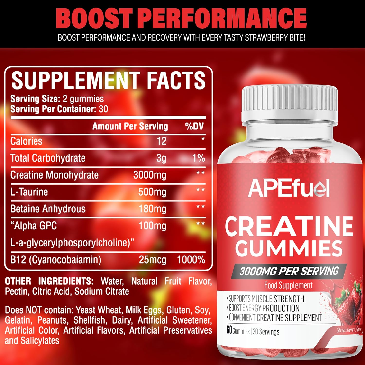 Apefuel Creatine Gummies for Men & Women - Sugar-Free Strawberry Flavored Pre-Workout Gummies for Muscle Growth, Strength & Cognitive Support - 3000Mg Creatine Dietary Supplement (30-Days Supply)