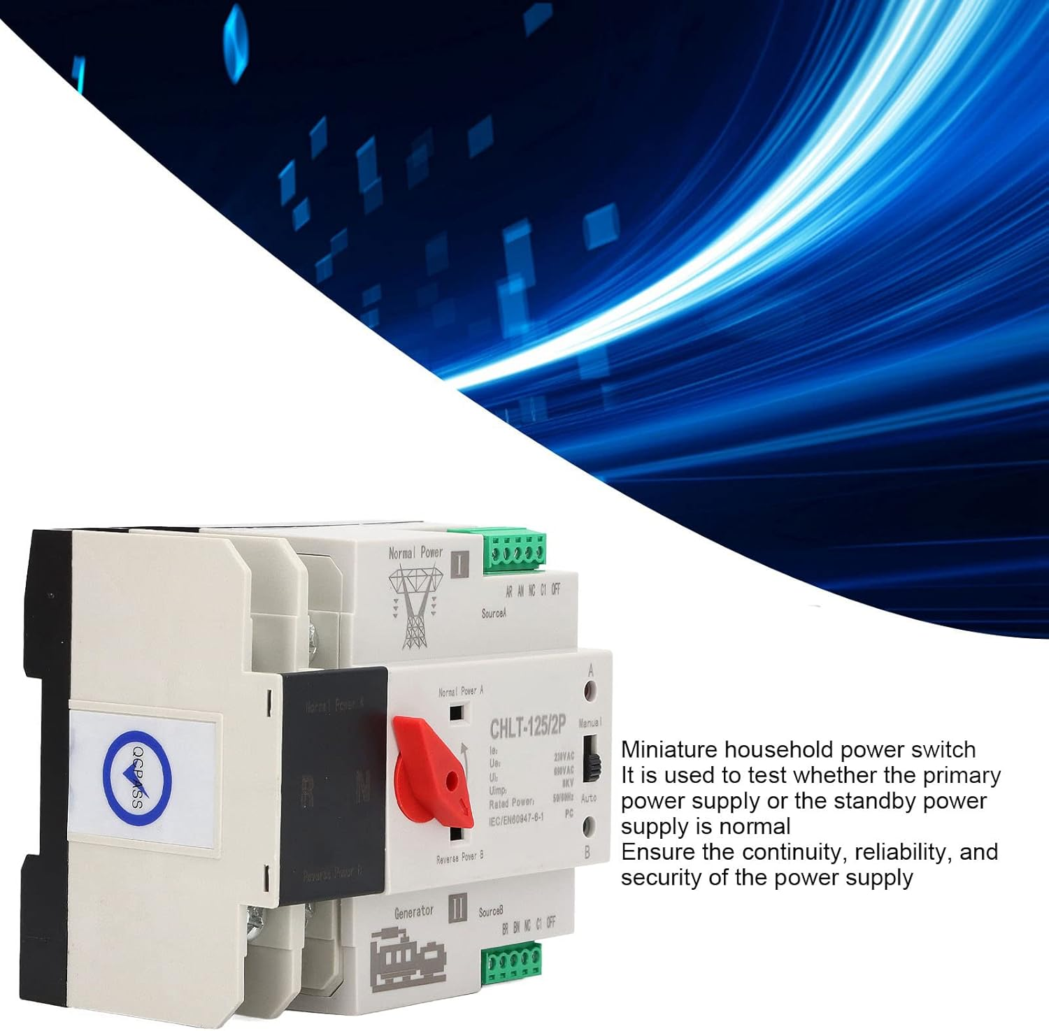Dual Power Automatic Transfer Switch, CHLT-125/2P AC230V Millisecond Power Transfer Switch, High Sensitive Response Electronic Circuit Breaker Changeover Switch for Home (63A) image number 4